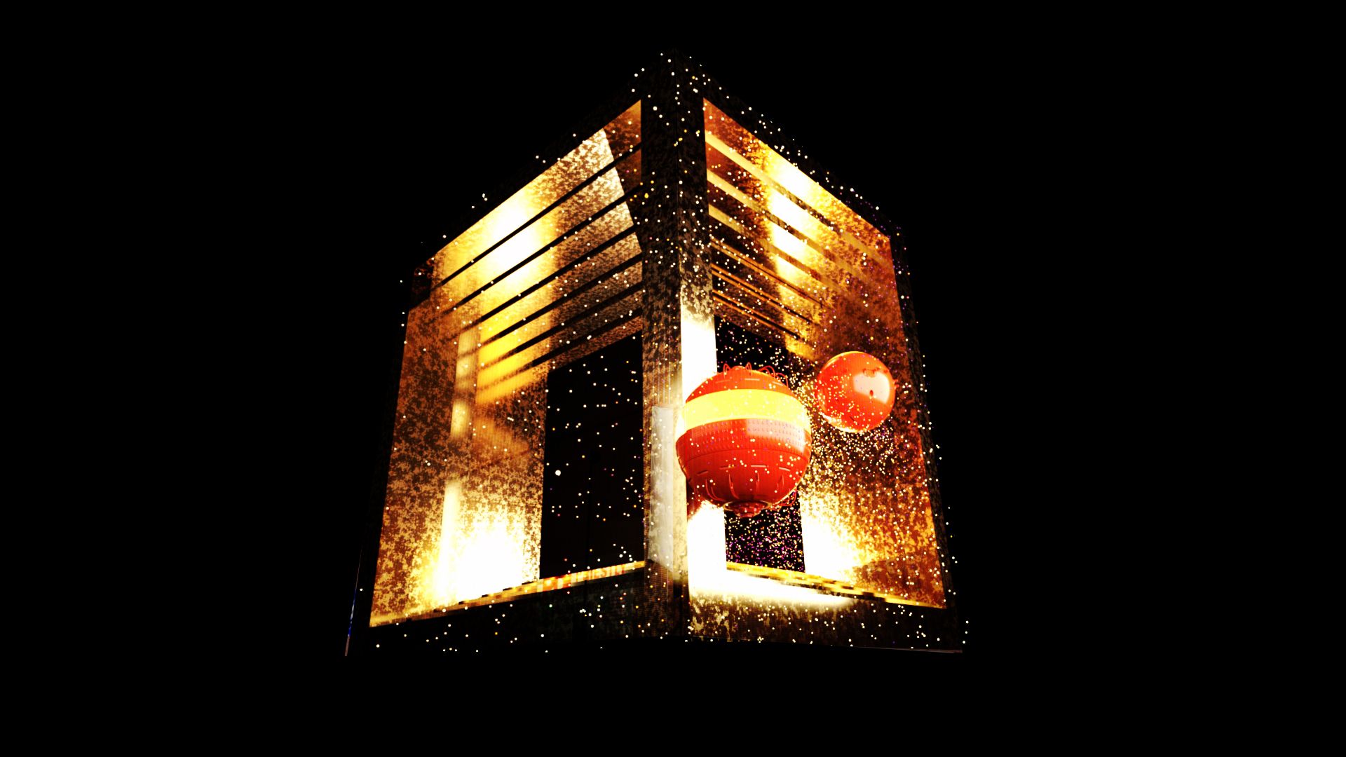 A glowing golden square frame stands against a black background, with warm orange lanterns inside as white sparks cascade around the illuminated structure.