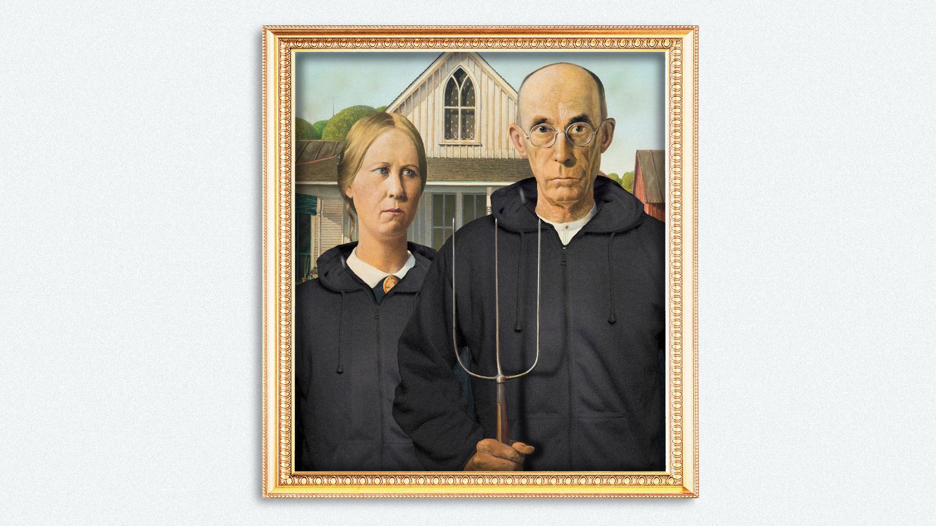 llustration of the painting American Gothic with the subjects wearing hoodies.