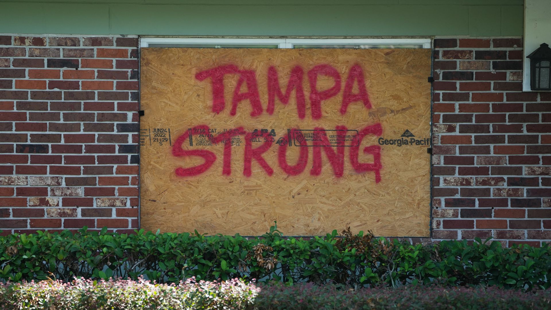 A boarded window with the words "Tampa Strong" written across.