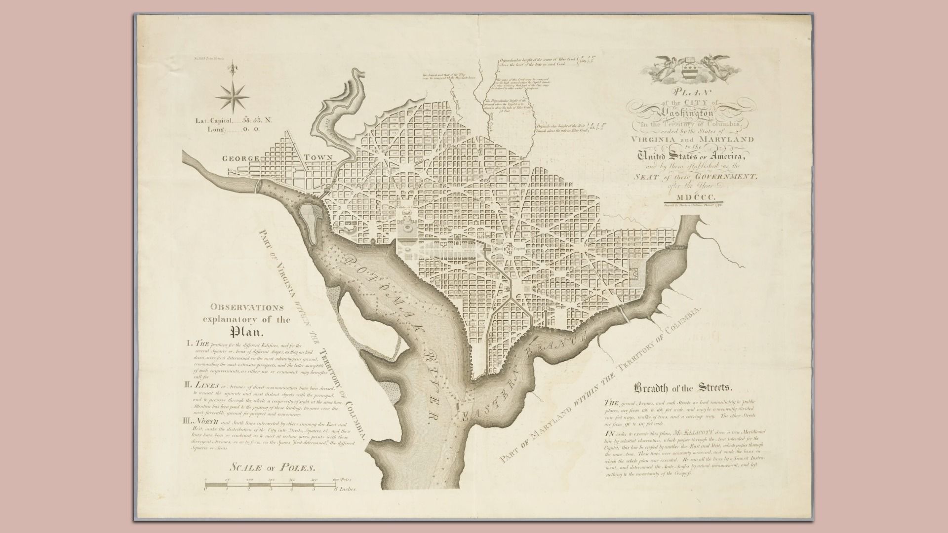 Sepia map titled "Plan of the City of Washington" showing a dense street grid along the Potomac River, a decorative crest in the upper right, and a compass rose on the left.