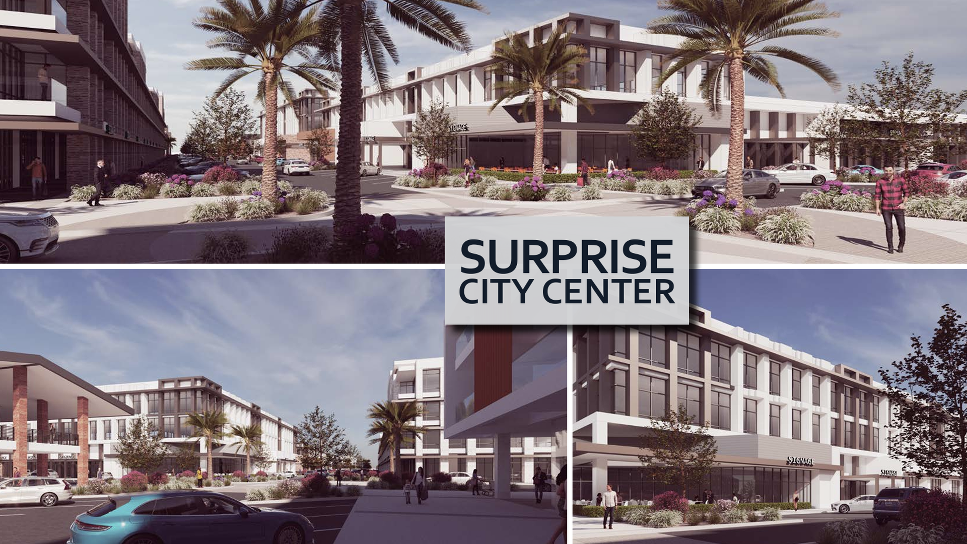 Three panels showing artists renderings of buildings.