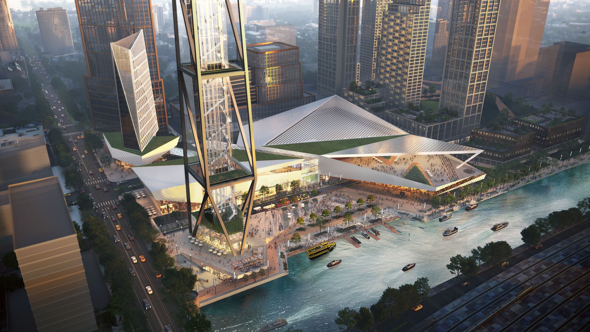 Rendering of a hotel and casino on a river.