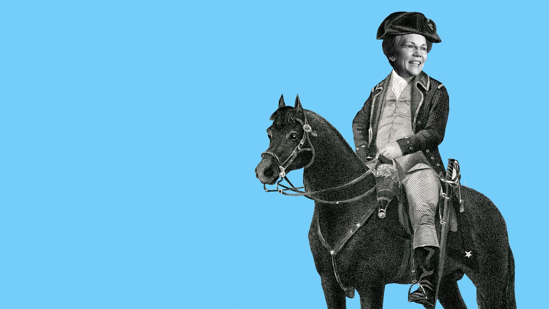 Illustration of Elizabeth Warren in colonial attire riding a horse.