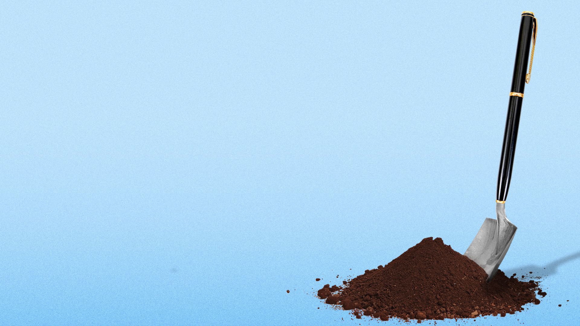 Illustration of a shovel in a heap of dirt, the handle made from a fancy pen.