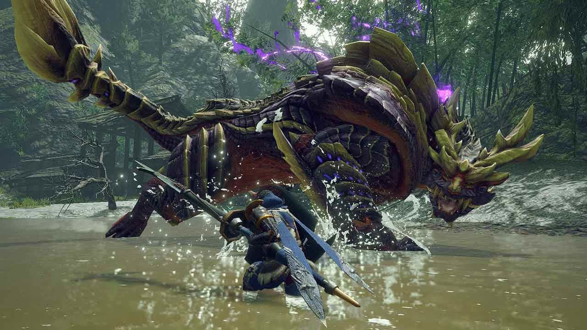 A warrior prepares to fight a monster.