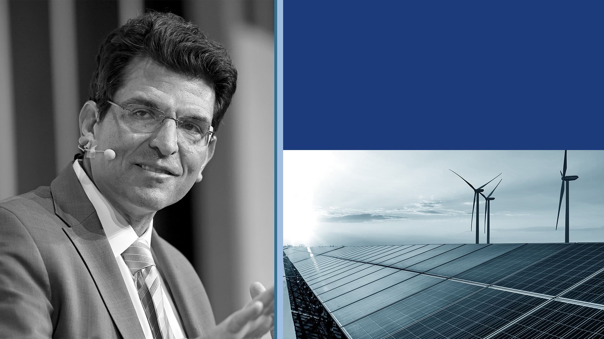 Photo illustration of Jason Grumet next to abstract shapes, solar panels and wind turbines.