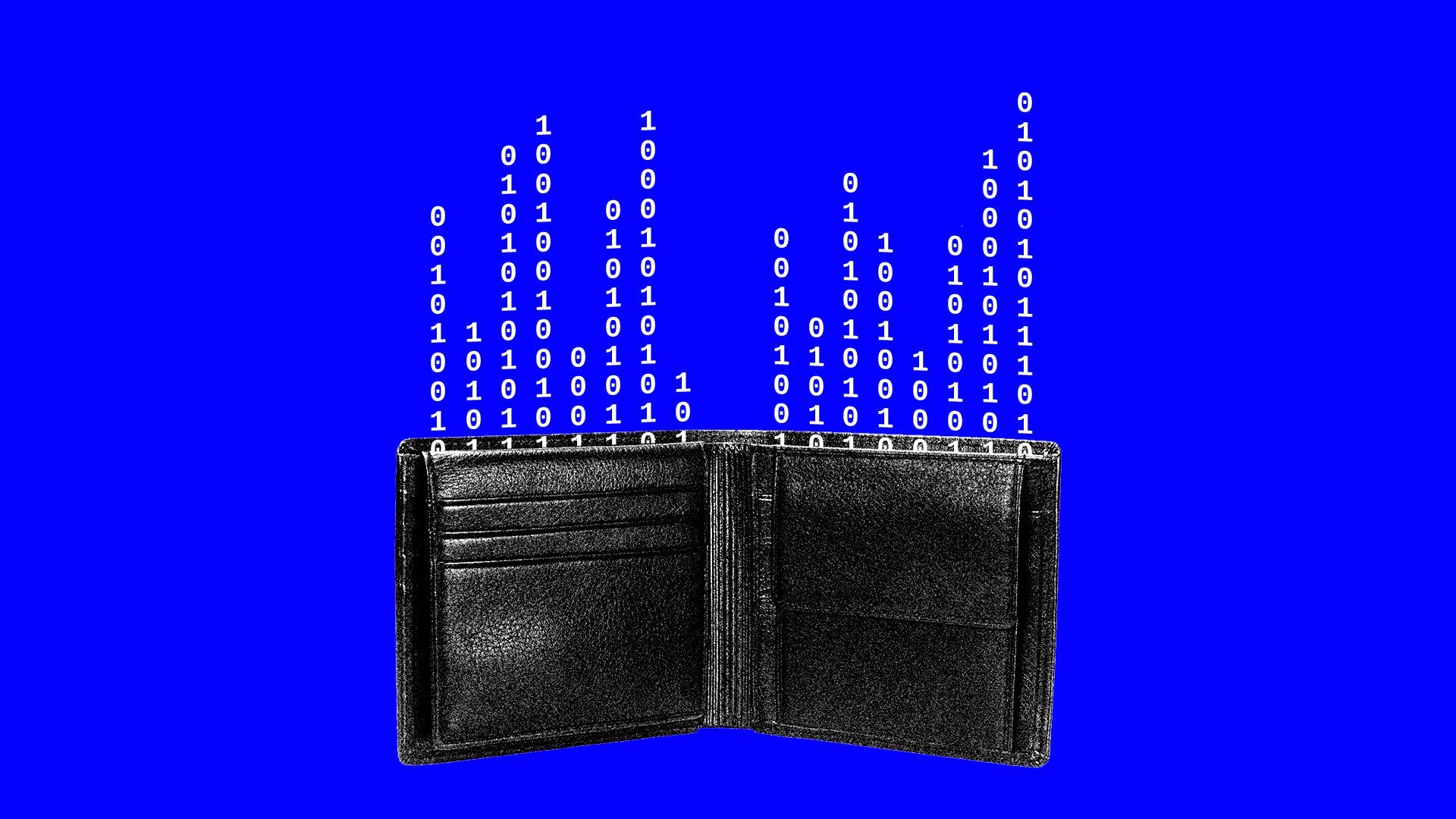 Illustration of wallet with binary code flowing out of it to represent digital money.