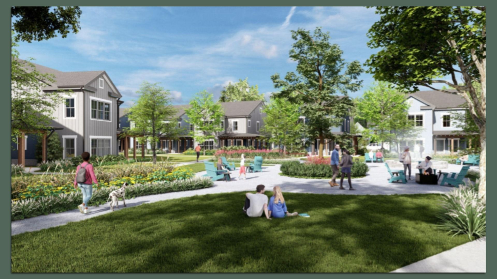 People relaxing in a green park surrounded by gray and white two-story houses under a blue sky, with trees, flowers, and pathways winding through the area depicting an area of the Harmony at Clear Creek build-to-rent development. 