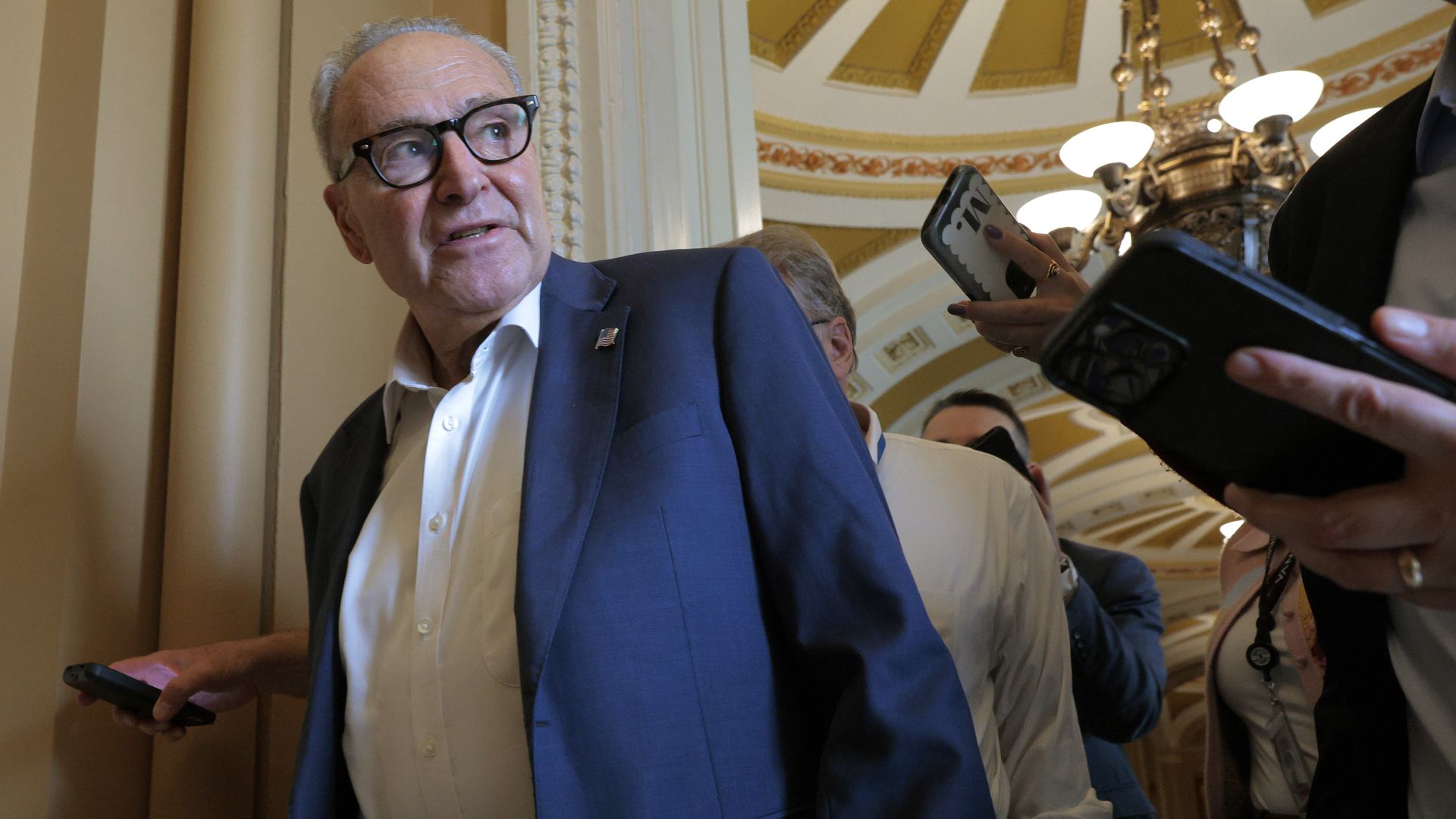 Senate Minority Leader Charles Schumer (D-NY) is pursued by reporters as he arrives at the U.S. Capitol on September 29, 2025 in Washington, DC. 