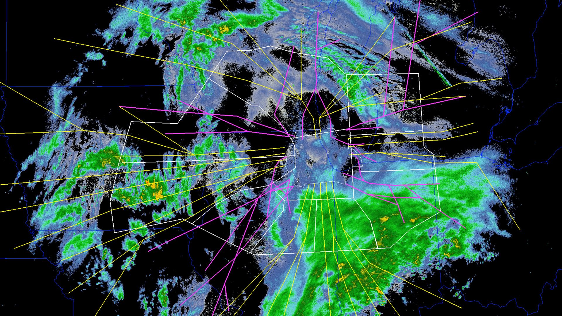 Radar image of air traffic control and weather data in the Chicago area
