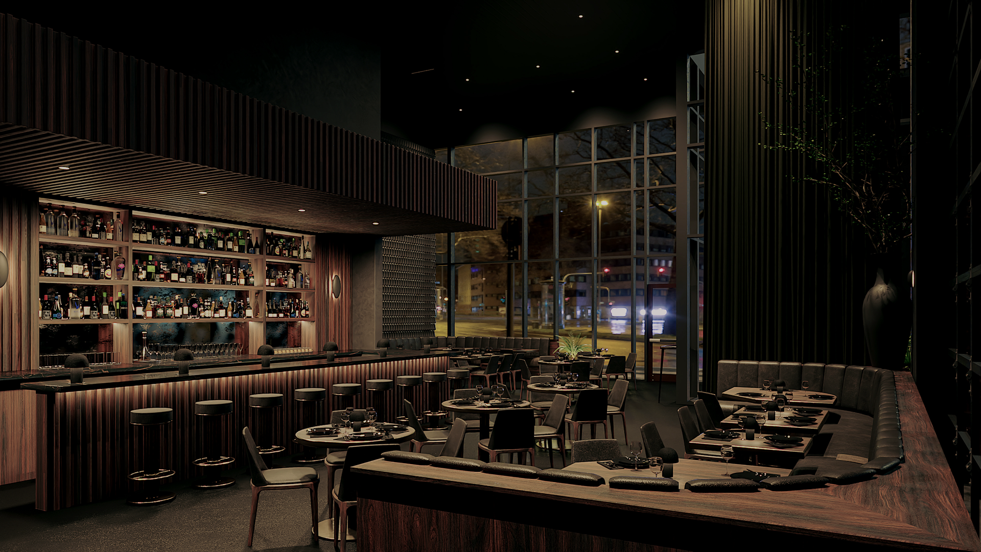 Raíces rendering. Dimly lit modern bar and restaurant with dark wood paneling, illuminated liquor shelves, a long bar with stools, round dining tables, and tall windows showing a nighttime city street outside.