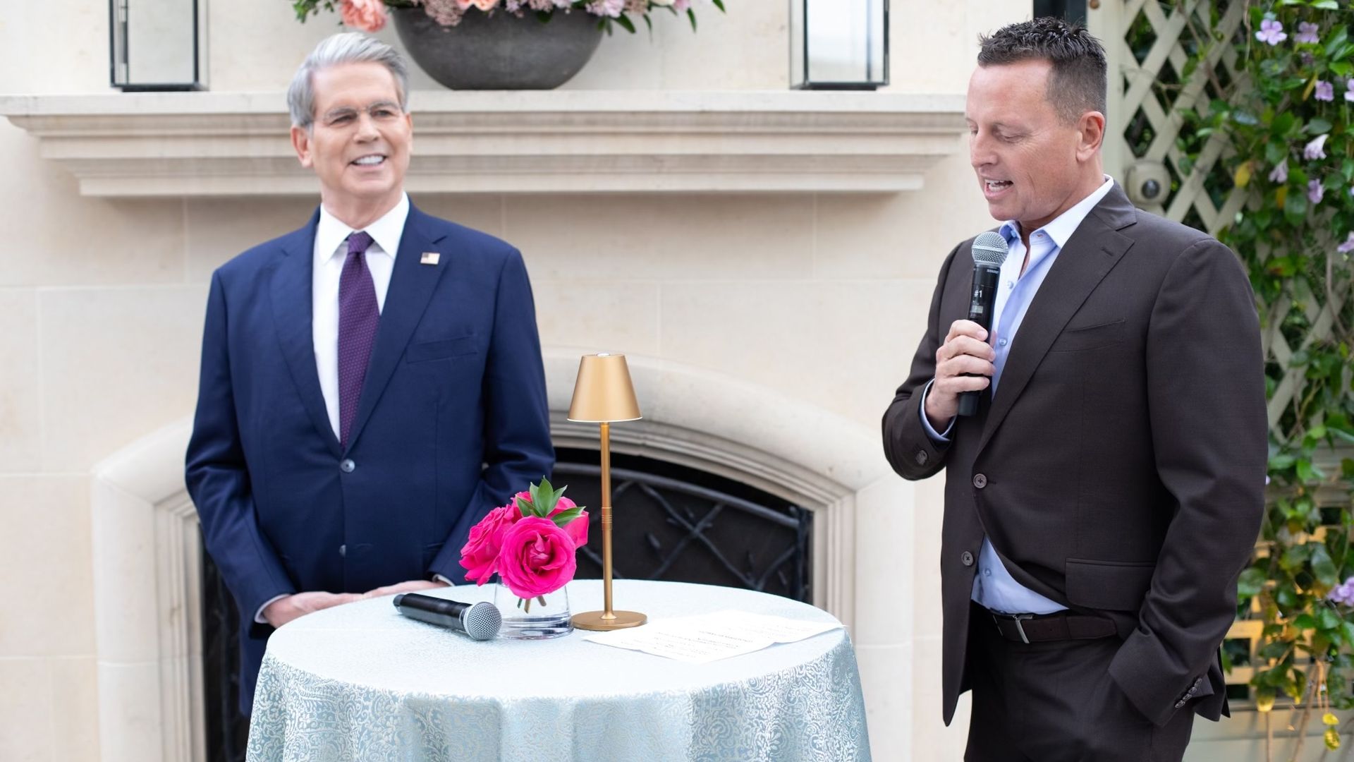 Treasury Secretary Scott Bessent and Trump envoy Ric Grenell speak Sunday in Beverly Hills, Calif. Photo: Tactic Global 
