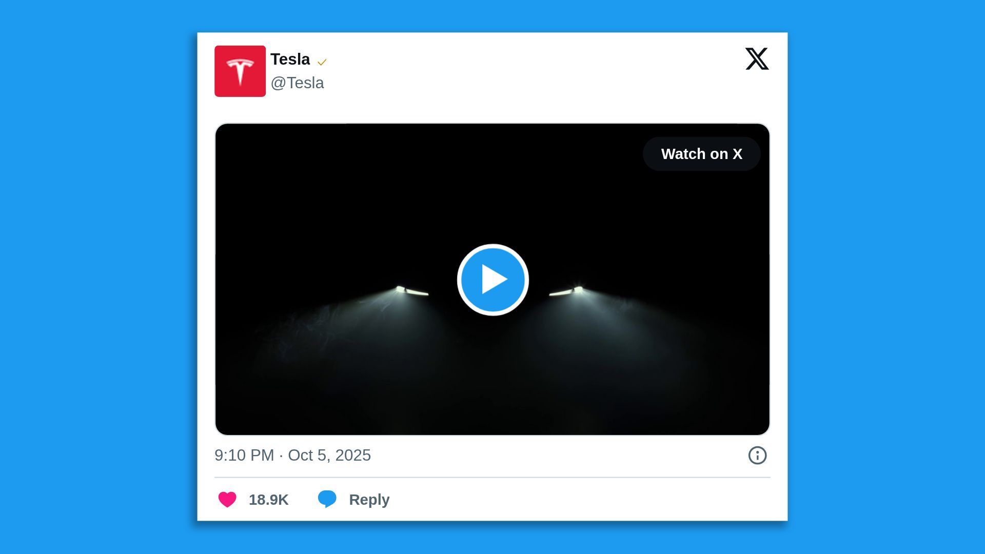 Screenshot of Tesla social media post showing a car's headlights against a black background