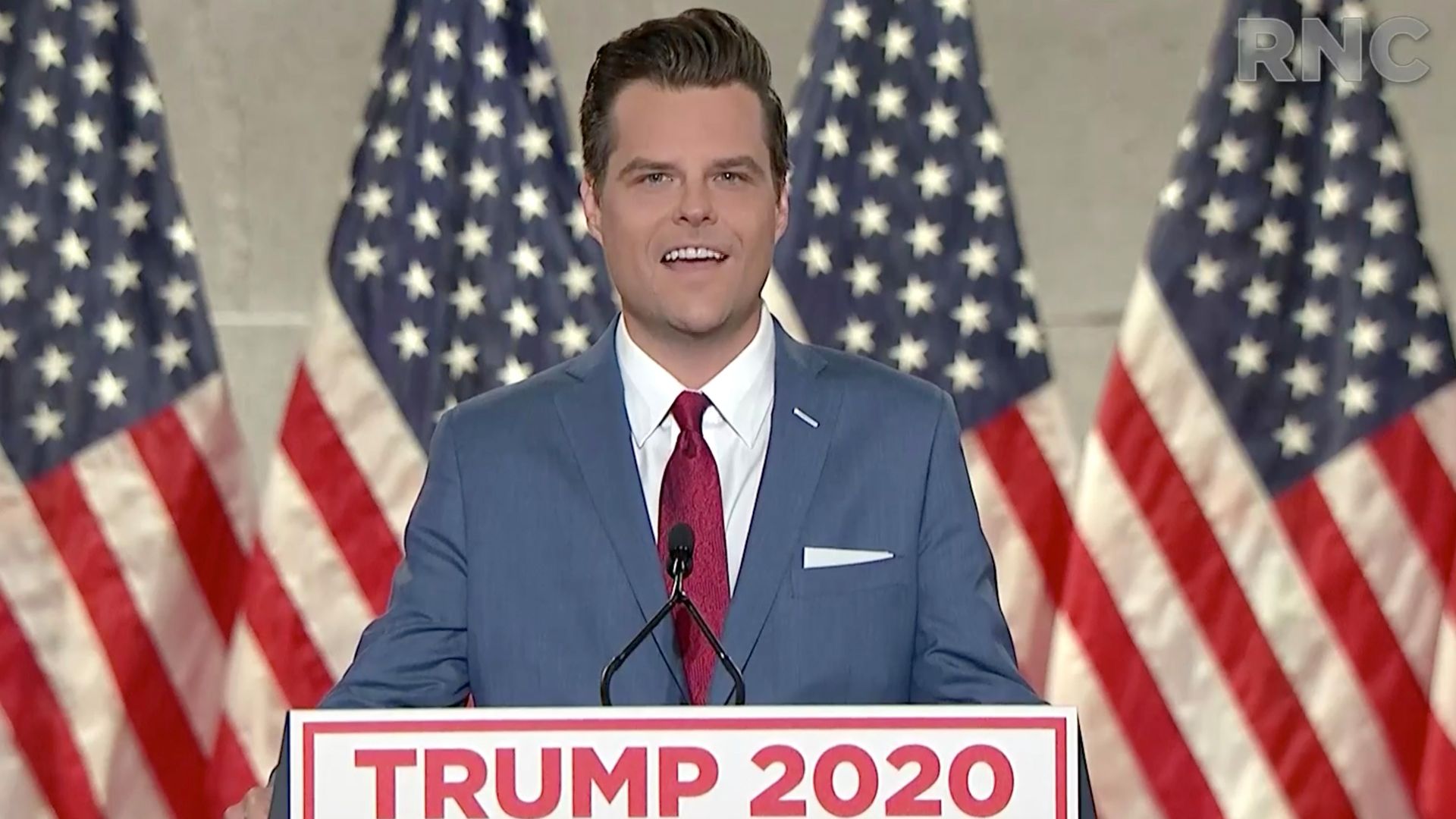In this screenshot from the RNC’s livestream of the 2020 Republican National Convention, U.S. Rep. Matt Gaetz (R-FL) addresses the virtual convention 