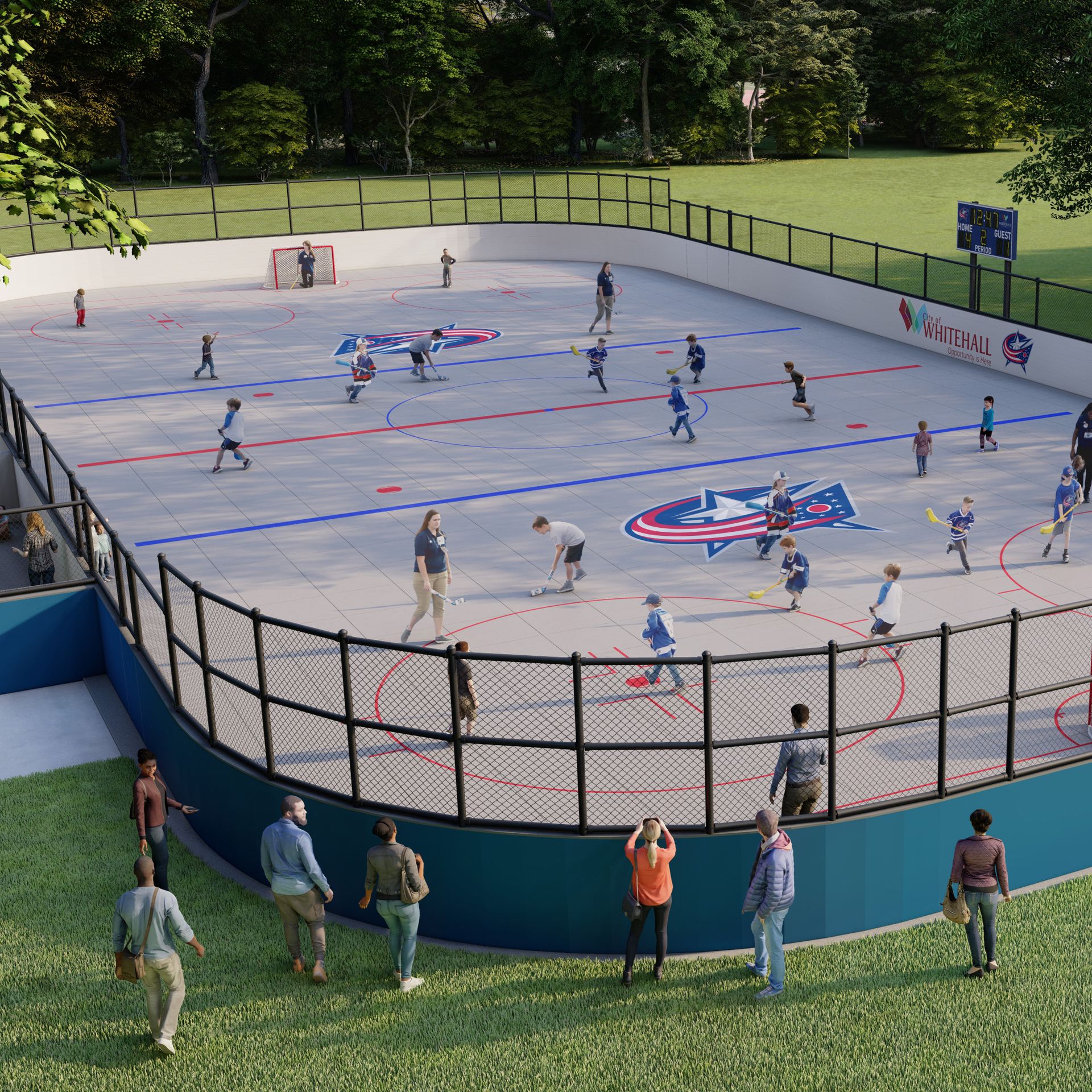 A street hockey rink in a municipal park. 