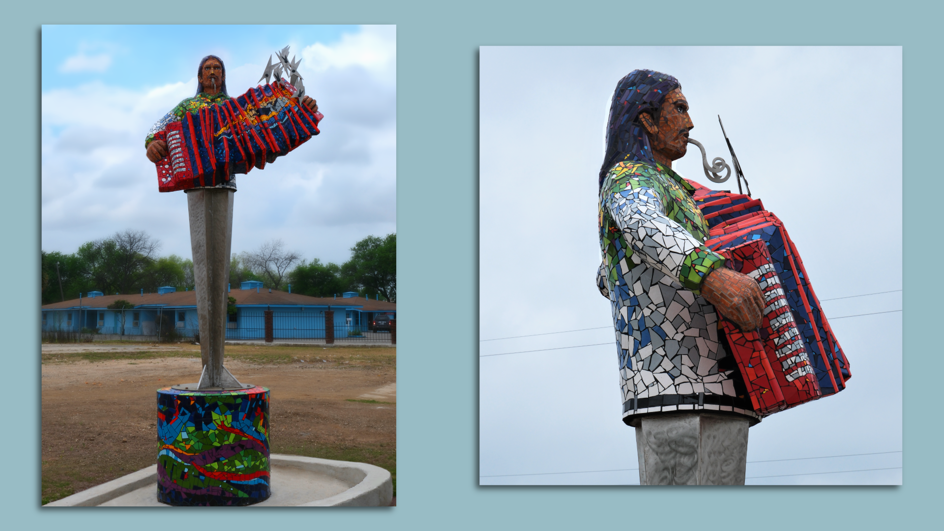 A tall sculpture of a man holding an accordion in mosaic and stainless steel.