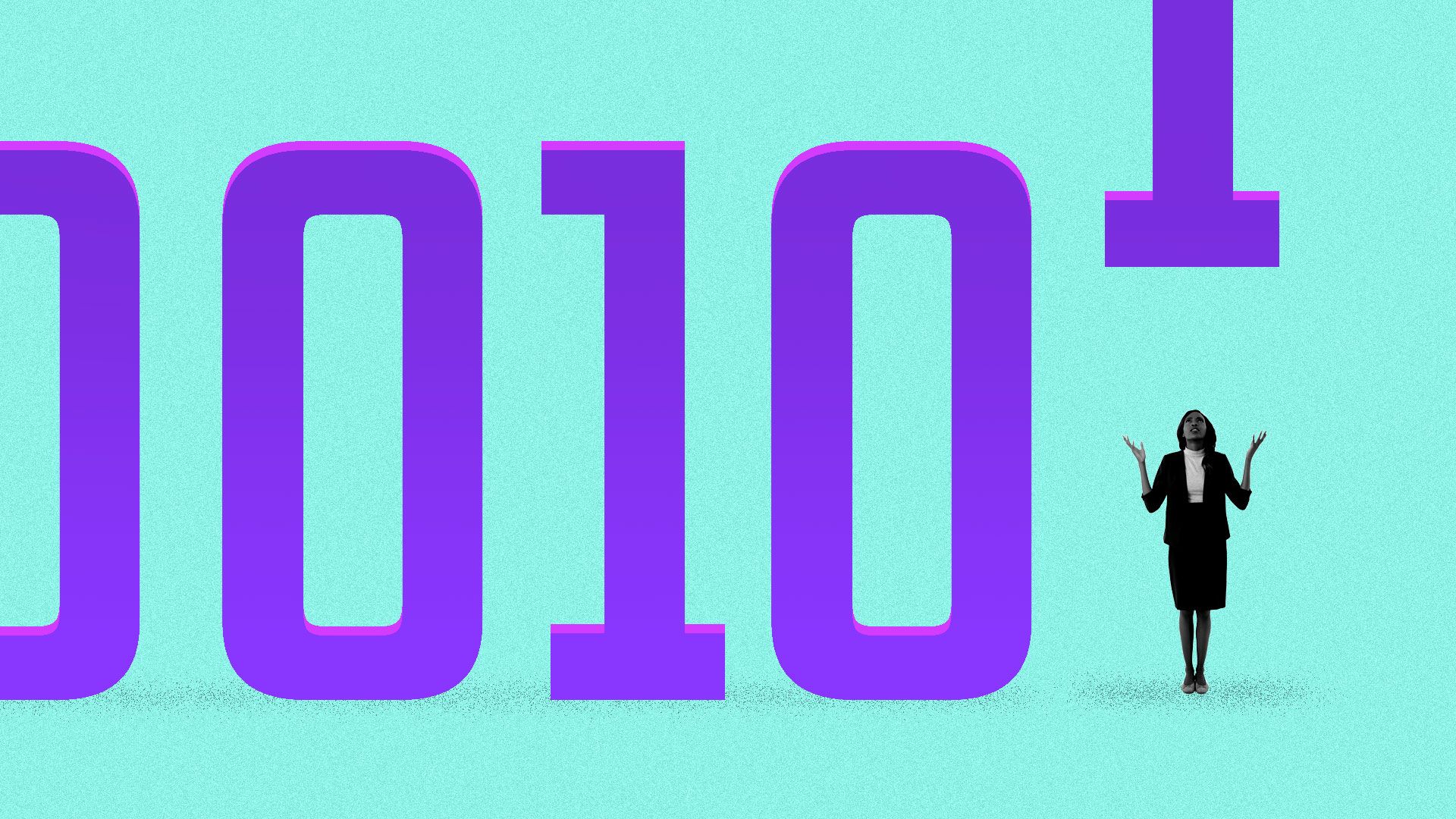 Illustration of a woman about to be replaced by computer code.