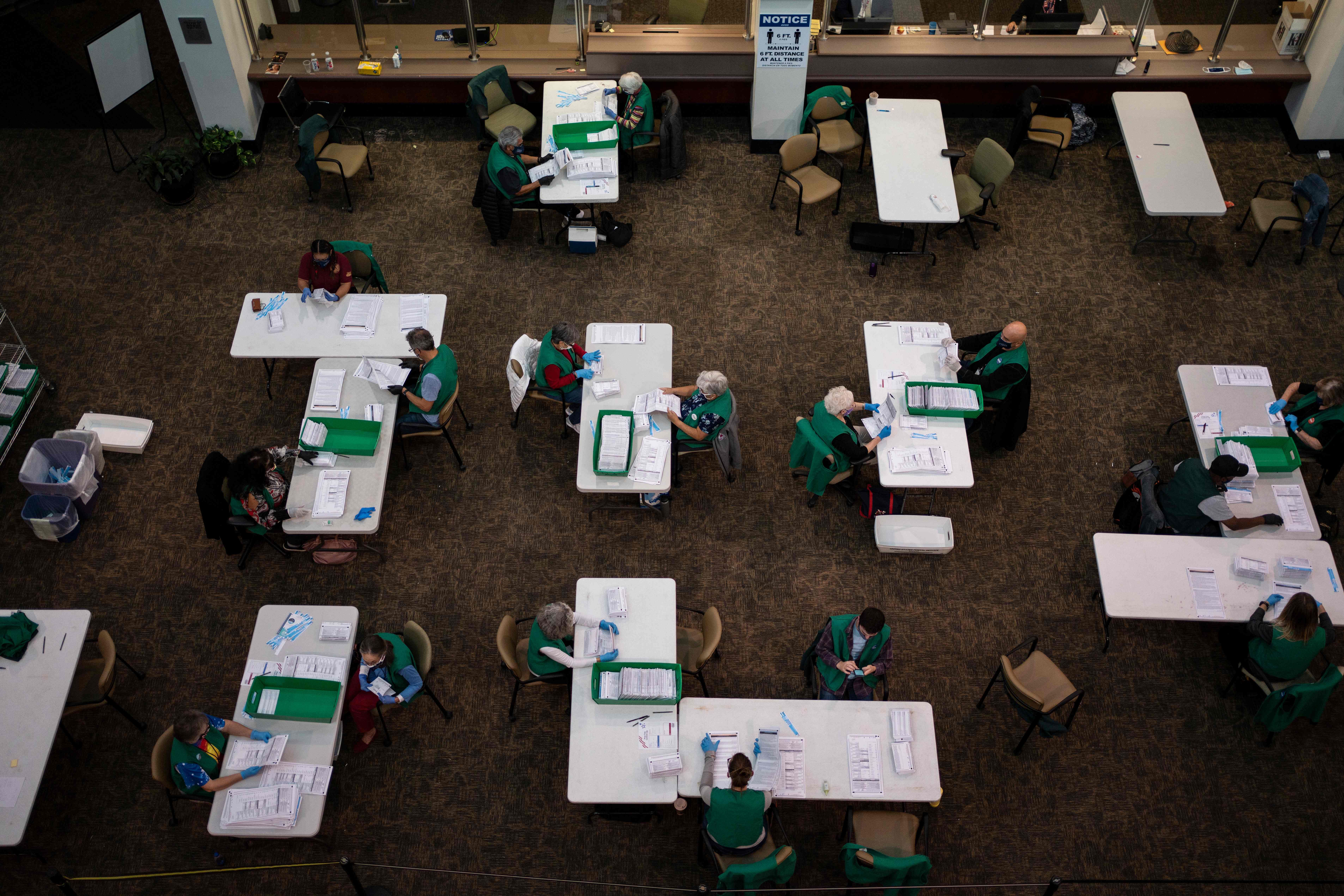 Election judges verify and count ballots at the Denver Elections Division building on election day on November 3, 2020 in Denver, Colorado. 