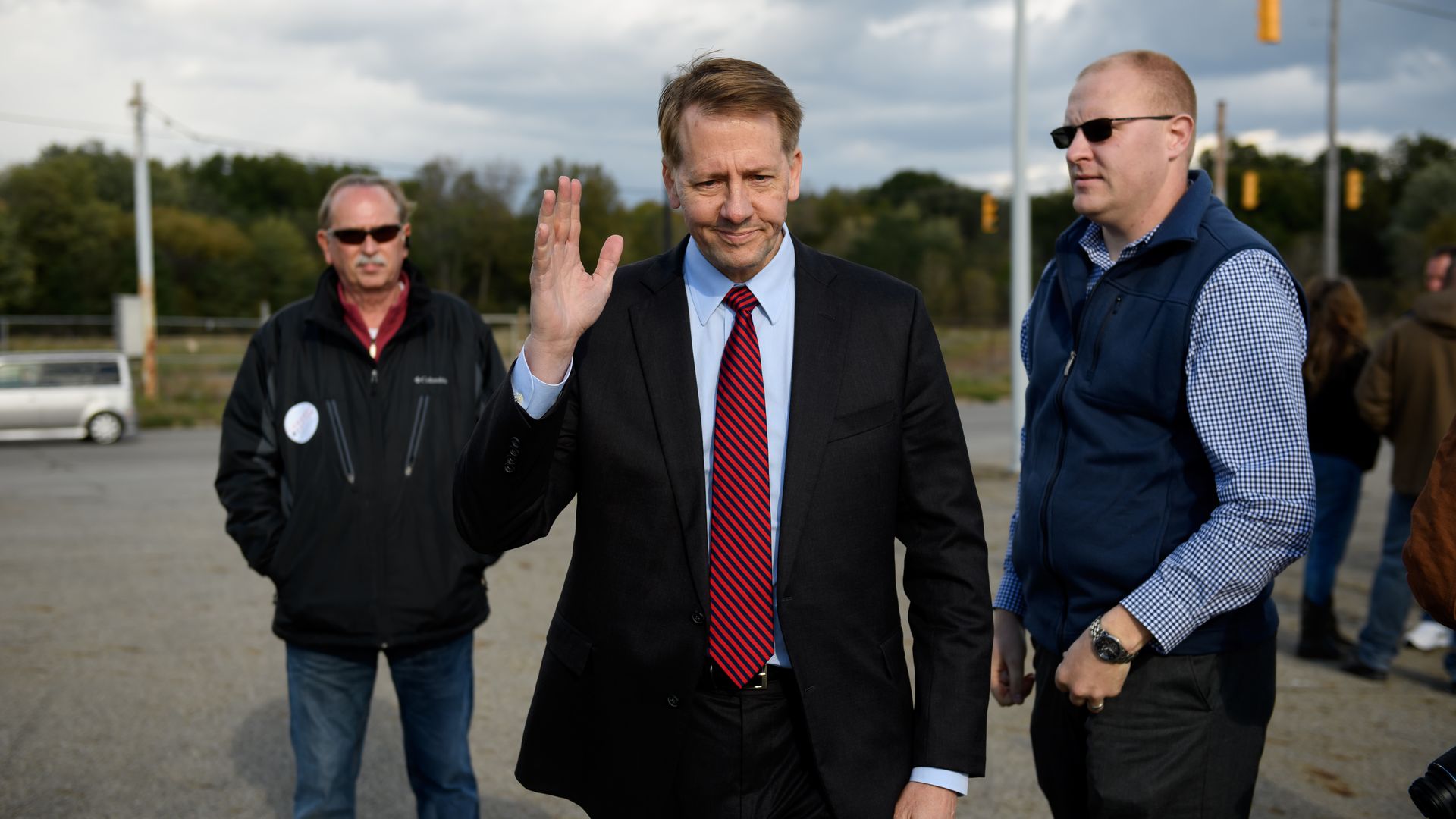 Richard Cordray holds a press conference with labor leaders from the UAW and USW at the site of the former RG Steel on October 23, 2018 in Warren, Ohio.