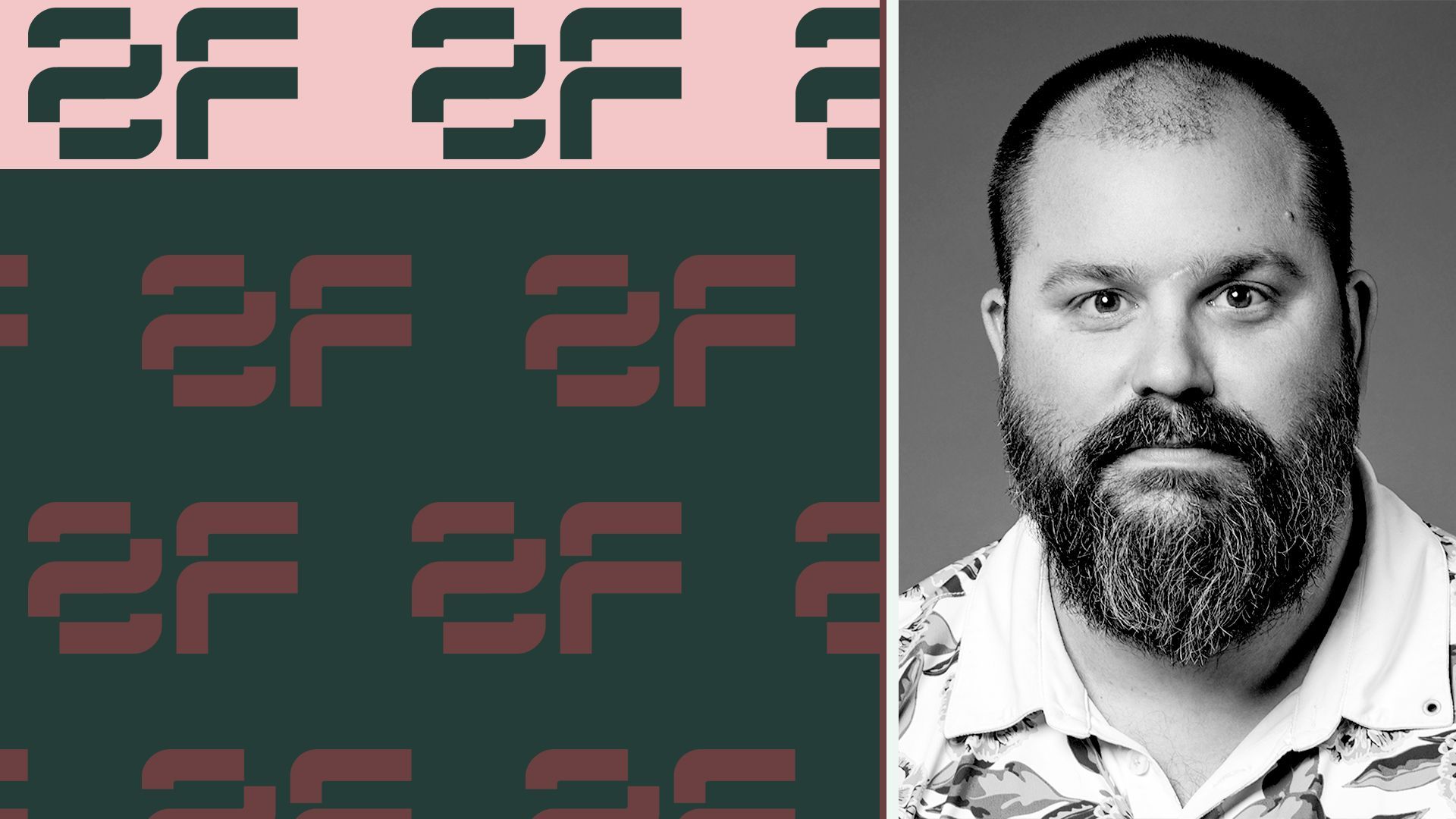 Photo illustration of Tyler Sweatt next to a pattern of Second Front logos.