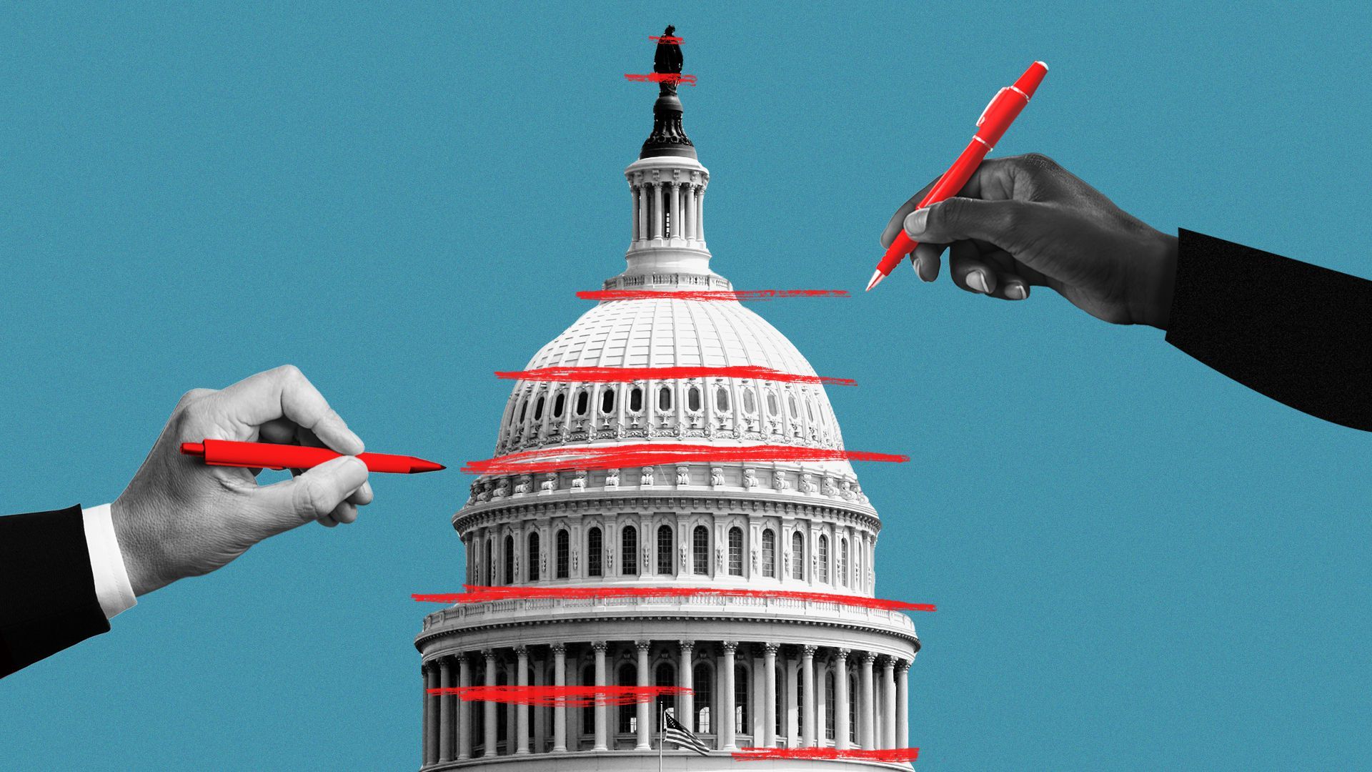 Illustration of hands drawing red lines over the US Capitol. 