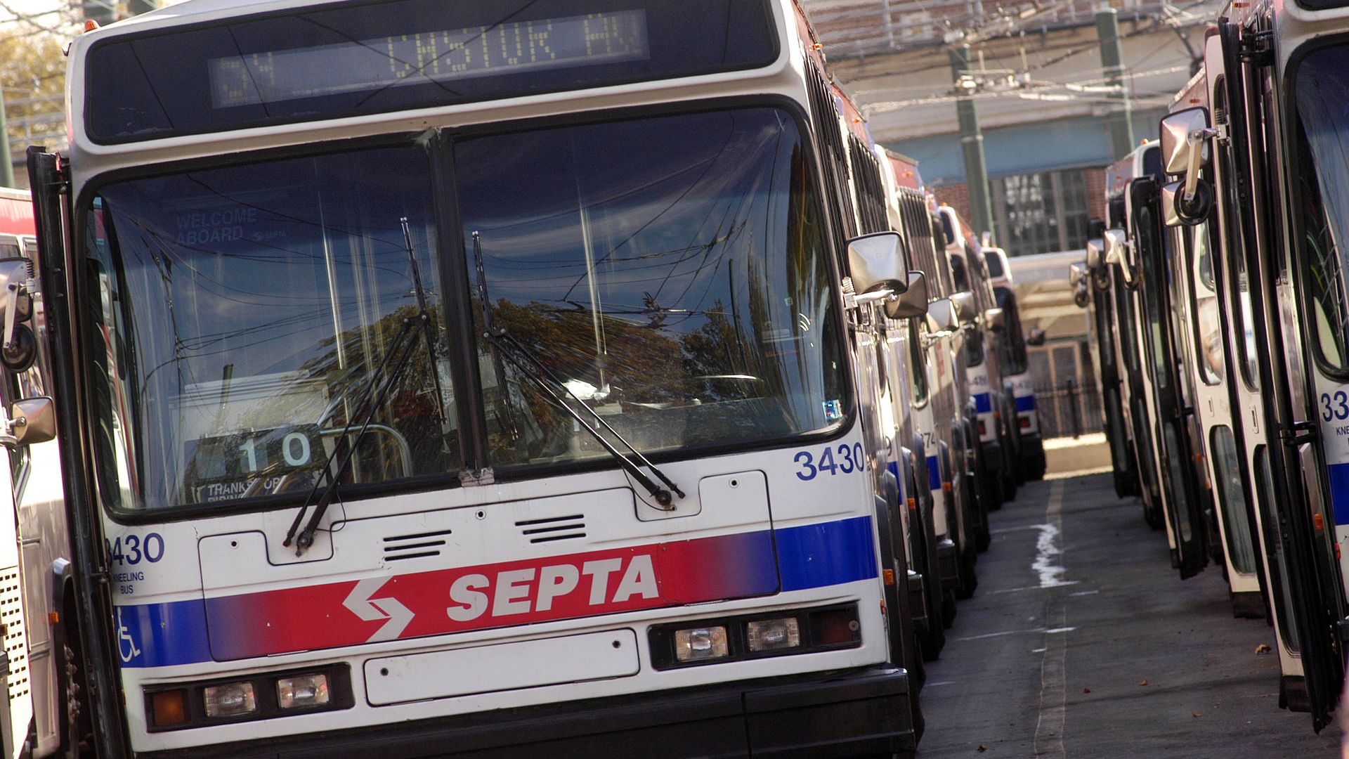 SEPTA buses sit idle at the Frankford Transportation Center in Oct. 31, 2005.