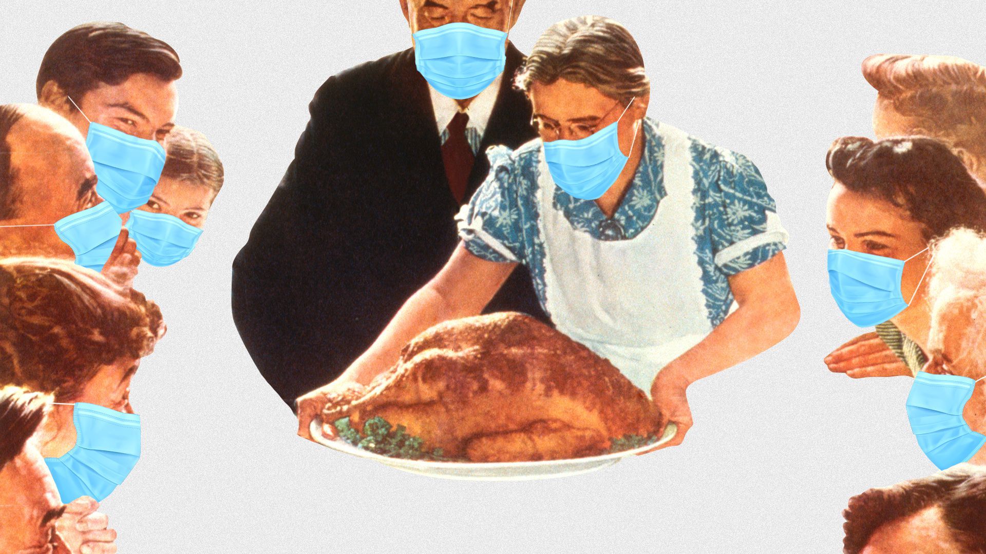 Photo illustration of the Freedom from Want image by Norman Rockwell with all the participants of the dinner wearing surgical masks.