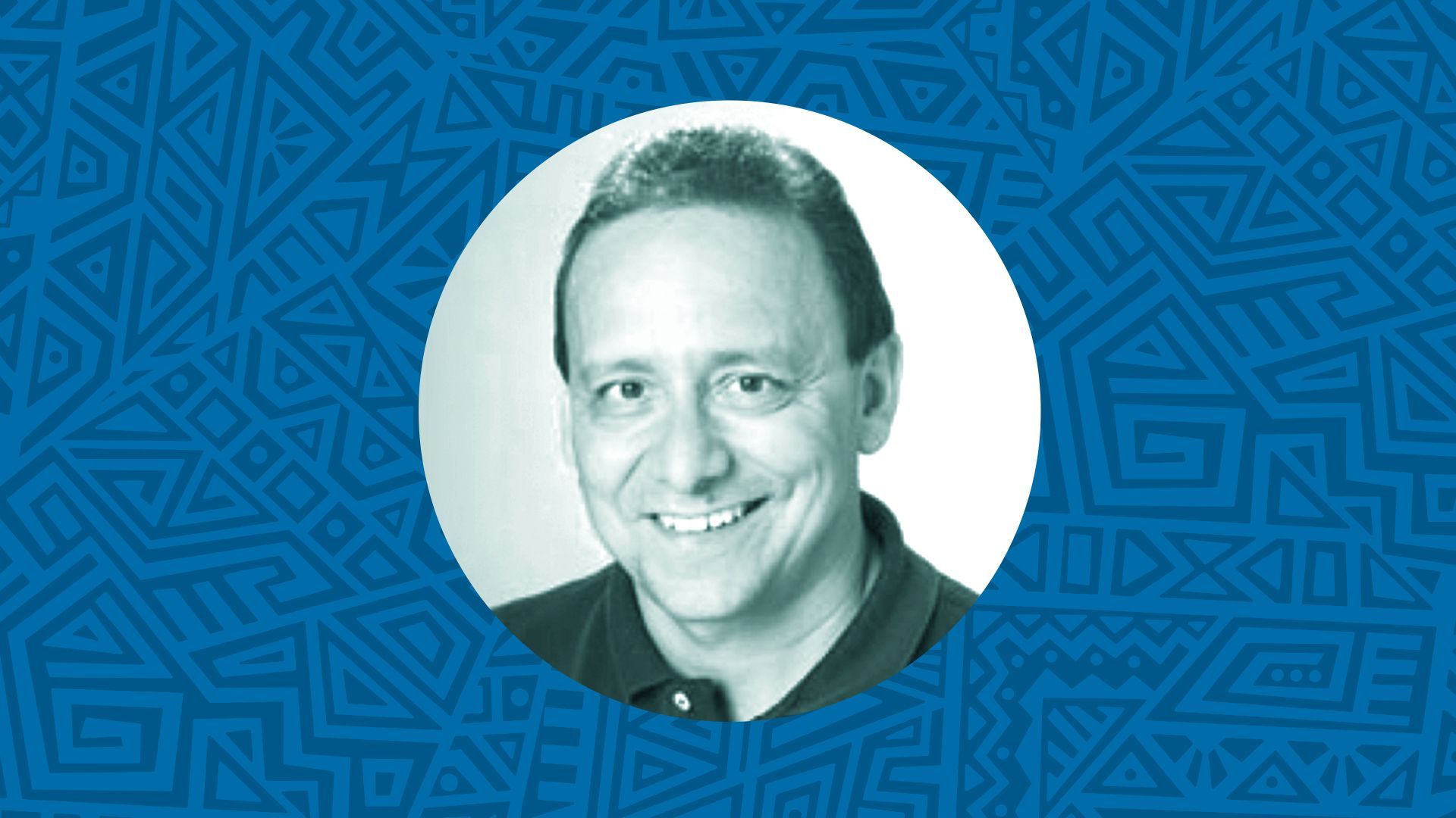 Photo illustration of Carlos Morton surrounded by a colorful abstract pattern.