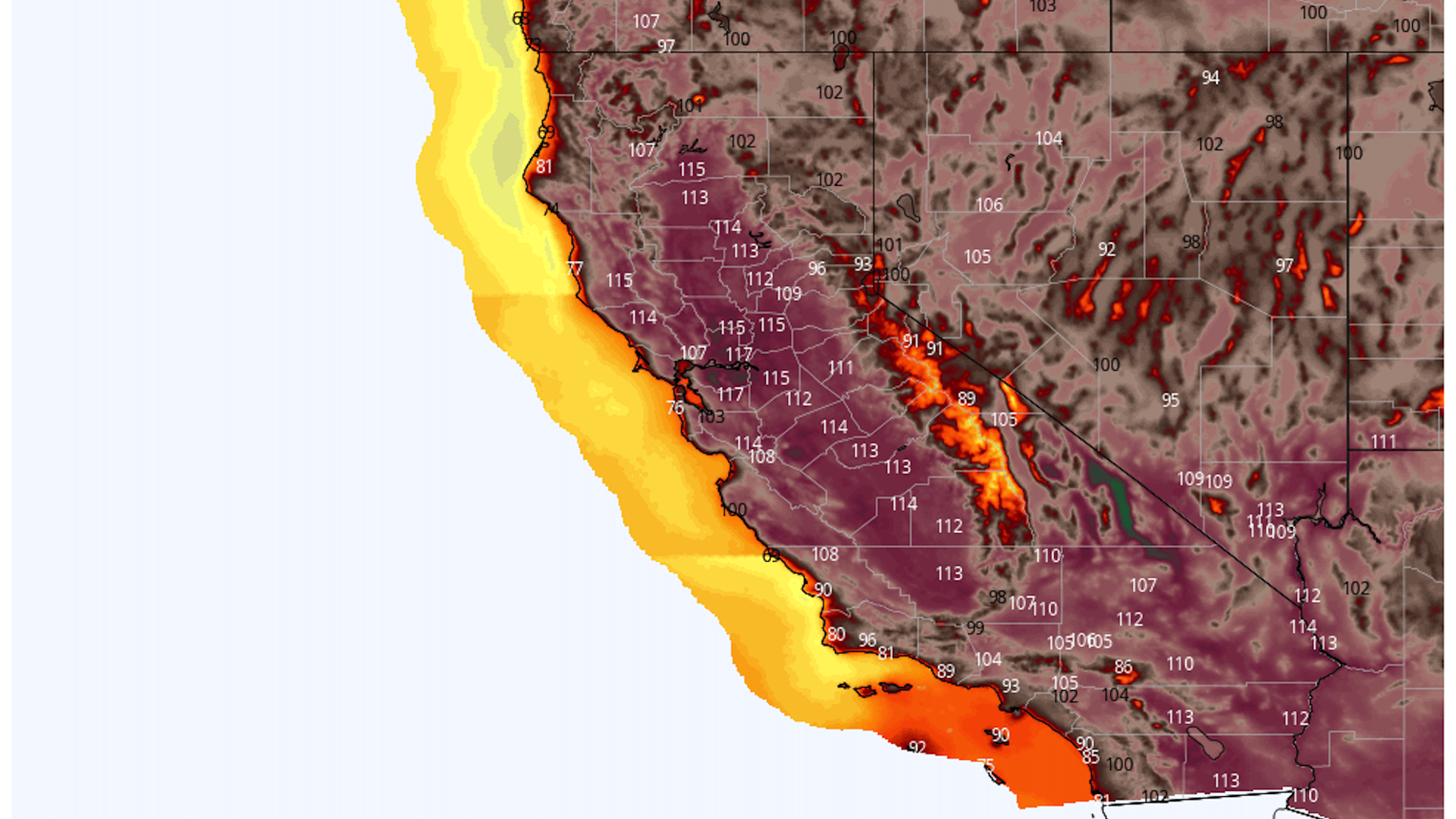 Map of NWS forecast highs for Tuesday in California and portions of Nevada.