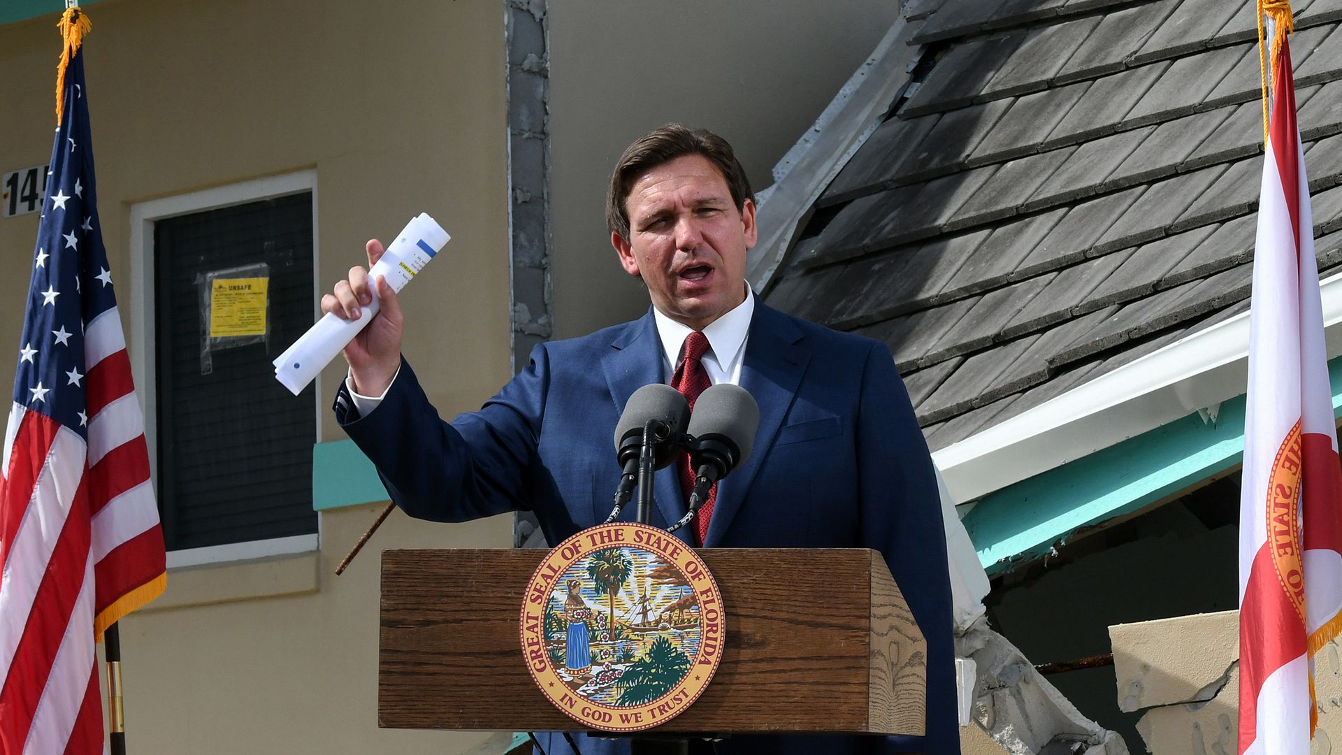 Florida Gov. Ron DeSantis speaks at a press conference to announce the award of $100 million for beach recovery following Hurricanes Ian and Nicole in Daytona Beach Shores in Florida.