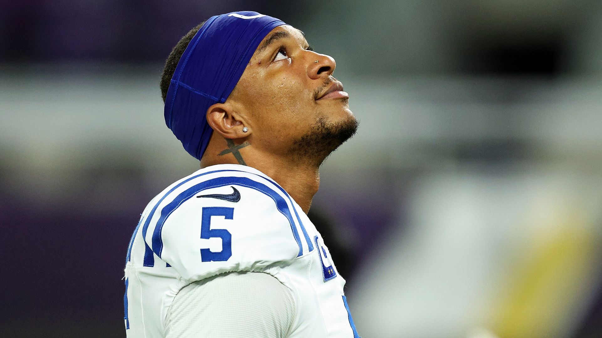 Anthony Richardson #5 of the Indianapolis Colts looks on prior to the start of the game against the Minnesota Vikings at U.S. Bank Stadium on November 03, 2024 in Minneapolis, Minnesota. The Vikings defeated the Colts 21-13.