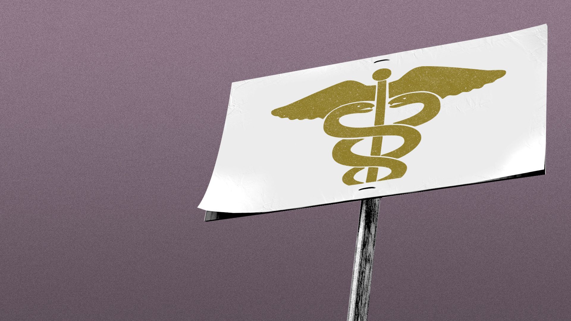 Illustration of a protest sign with a caduceus on it.
