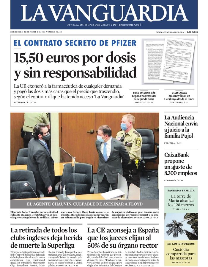 Picture of the front page of La Vanguardia newspaper from Spain with a headline on Chauvin's conviction