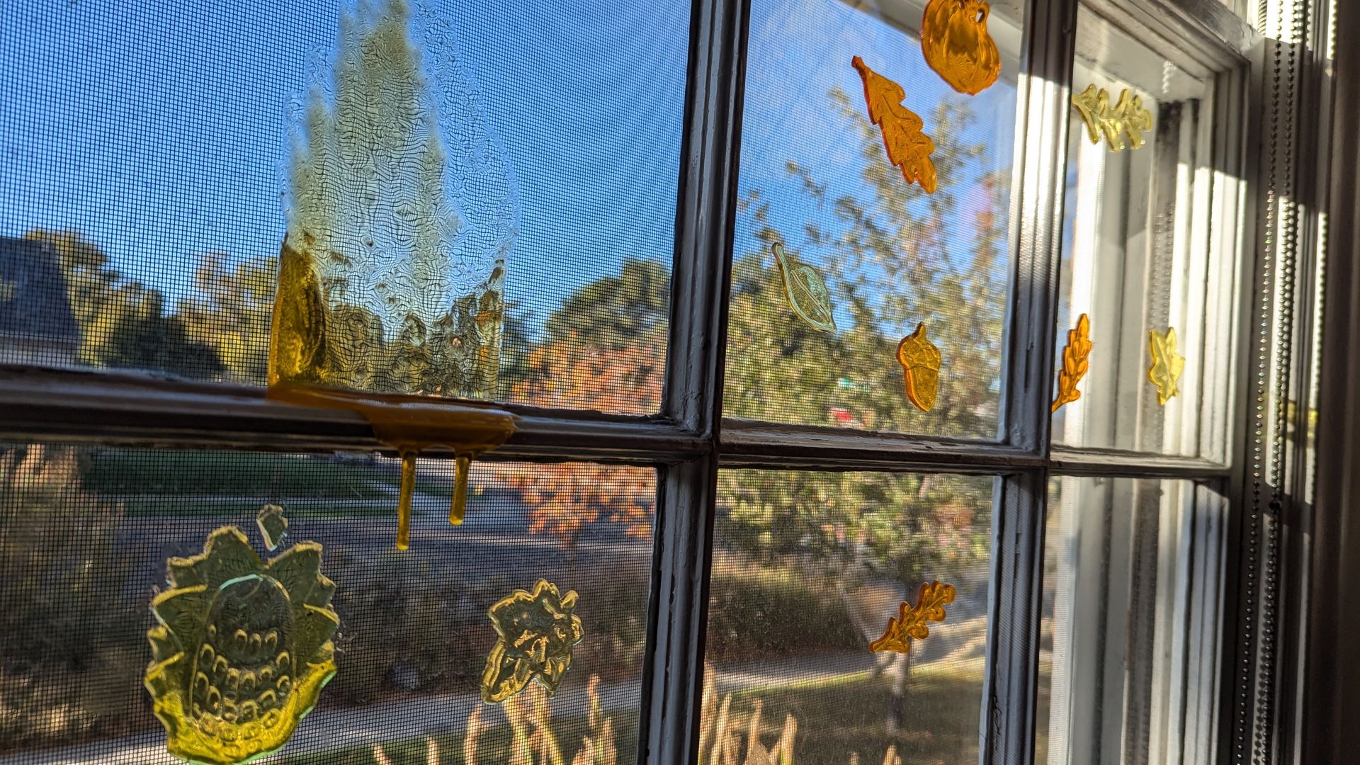 A window gel melts off a window covered with similar fall decorations.