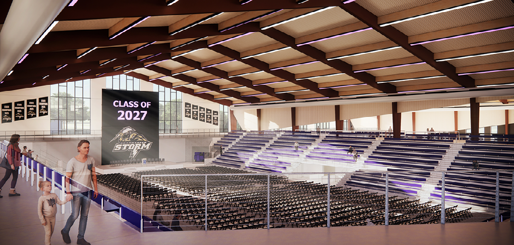 a rendering showing a gym set up for graduation