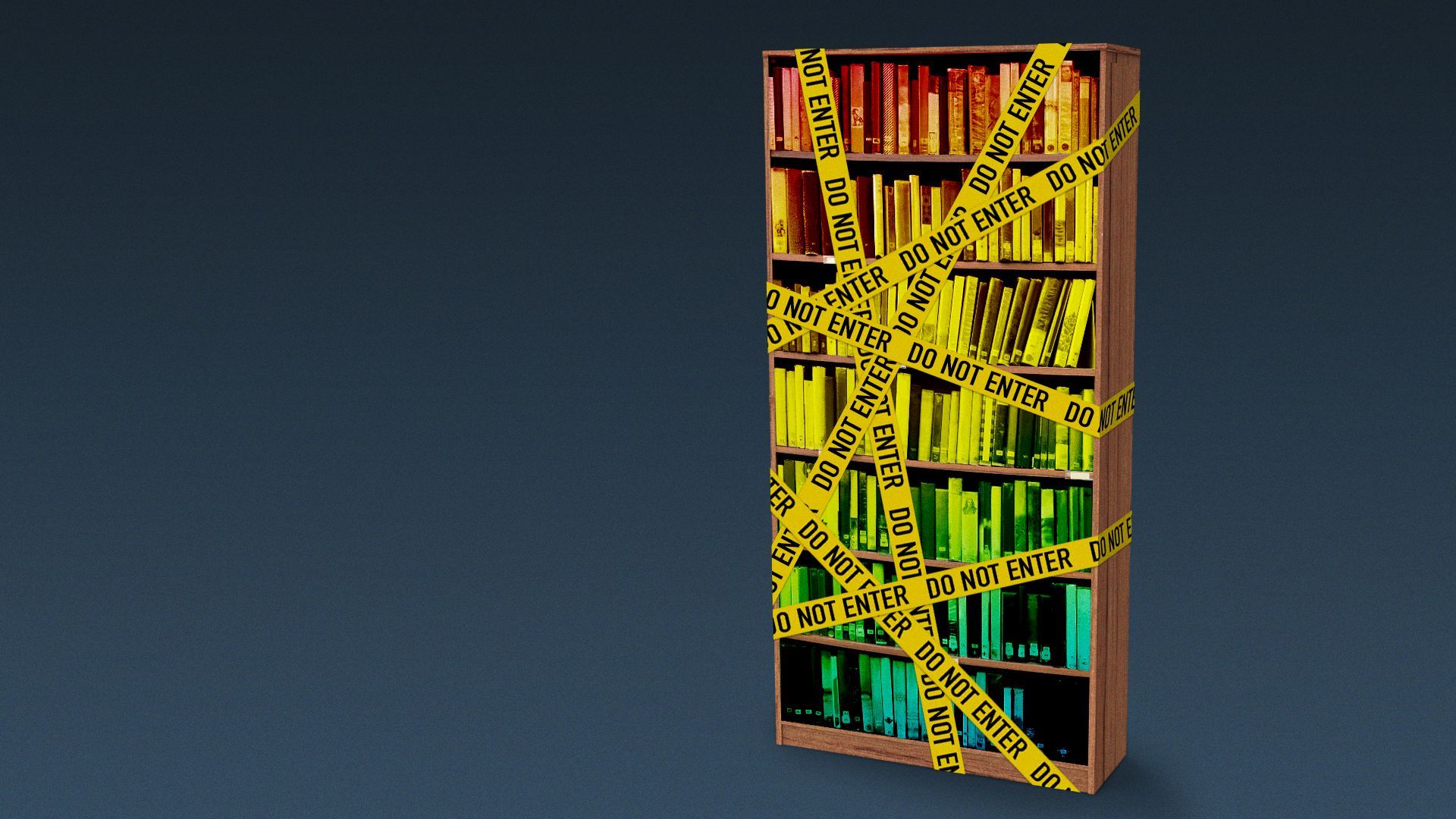 Illustration of a bookshelf with rainbow-colored books wrapped in "do not enter" yellow tape.