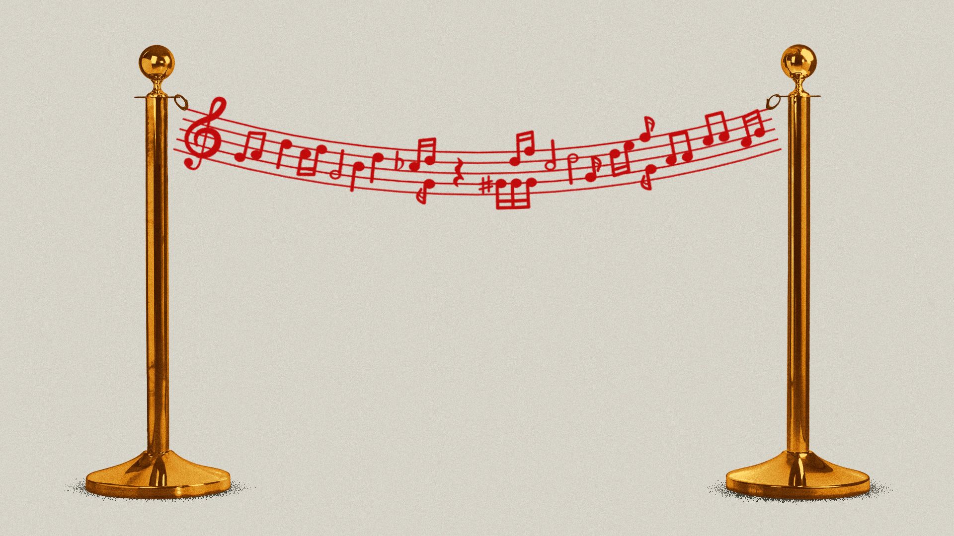 Illustration of a red velvet rope, but the rope is a string of music notes.