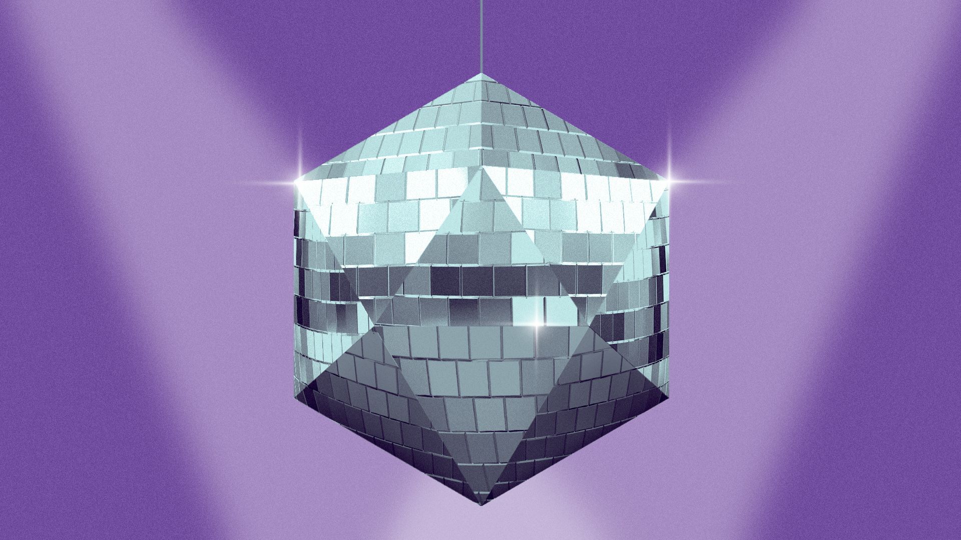 Illustration of a disco ball shaped like a 20-sided die.