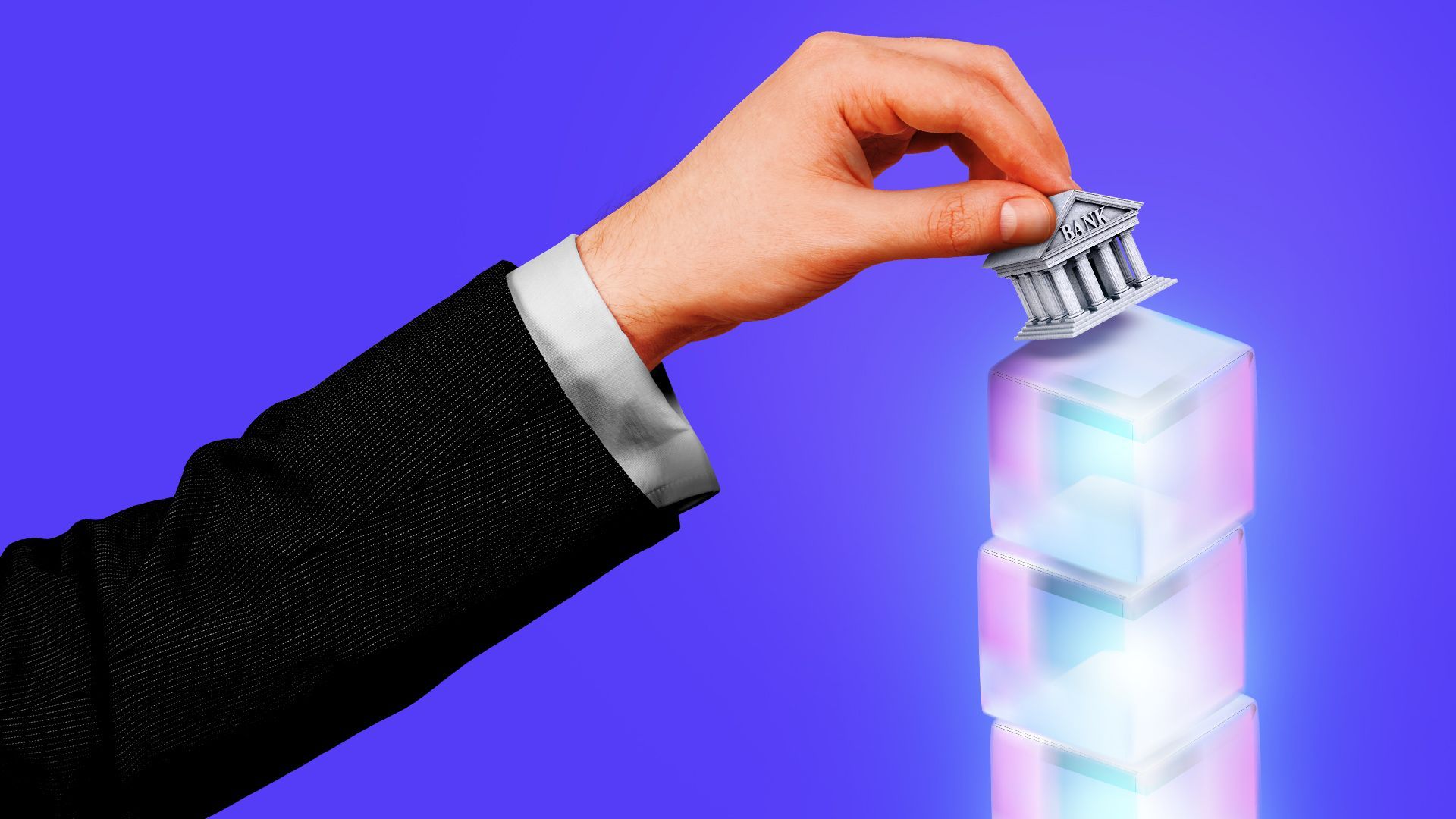 Illustration of a hand placing a tiny bank on top of a stack of glowing blocks. 
