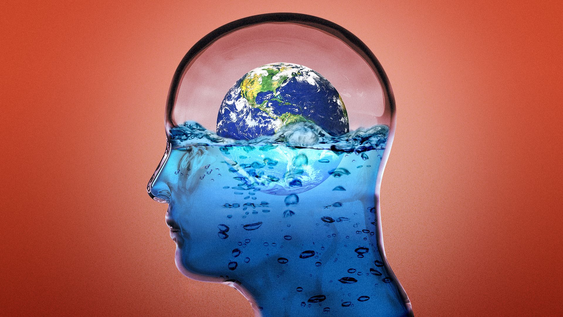 Illustration of the Earth floating in water inside a glass head.