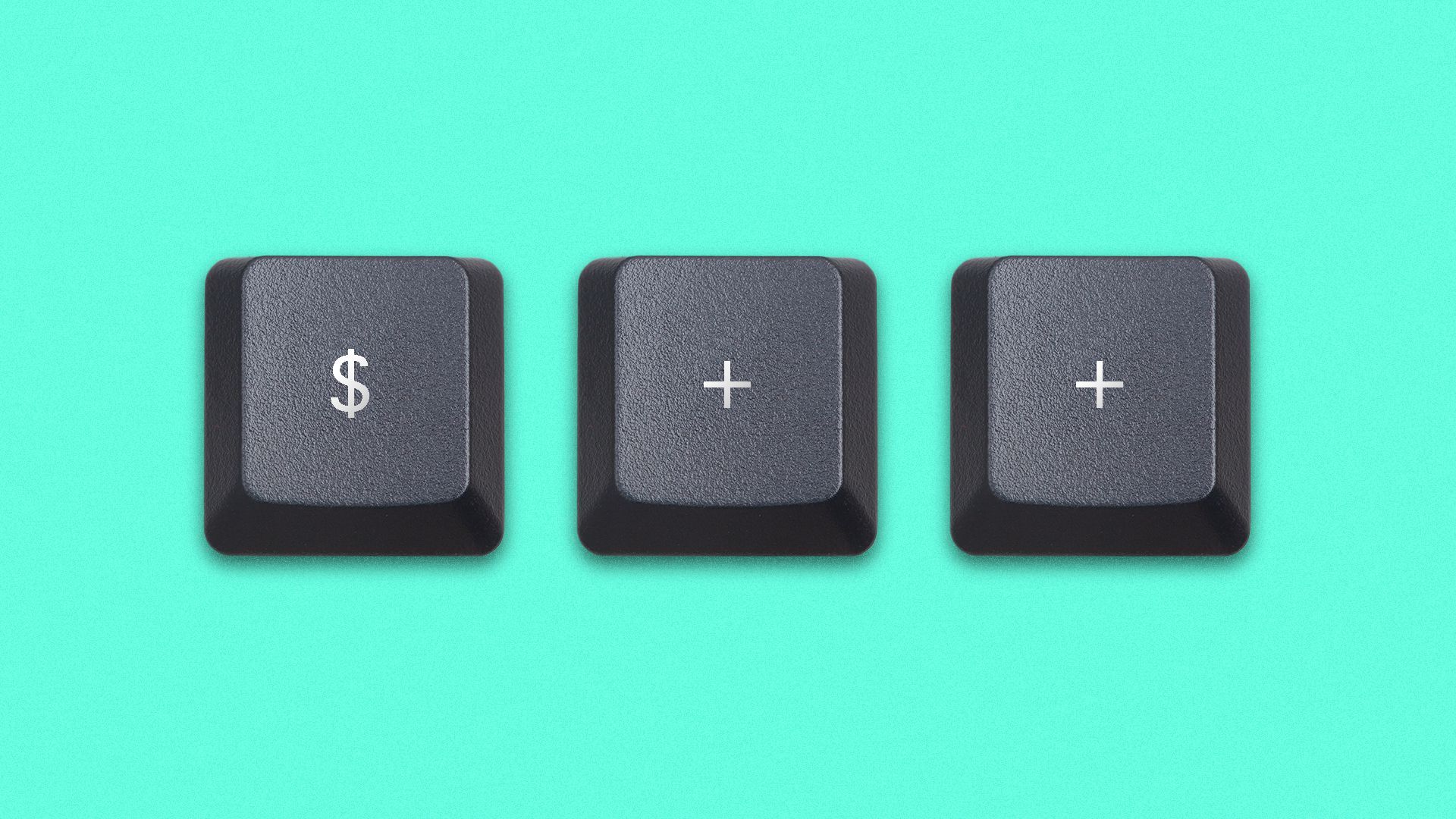 Illustration of a dollar bill sign computer key followed by plus sign computer keys 
