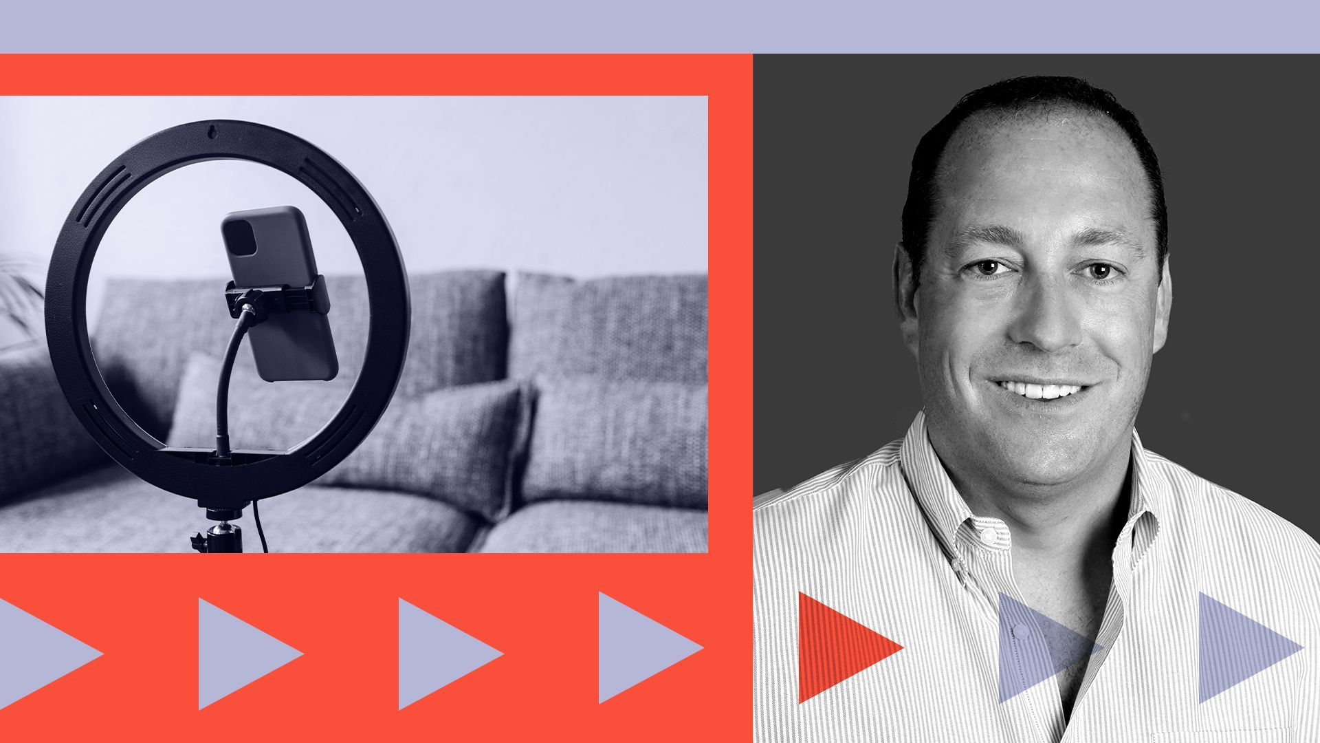 Photo illustration of Aaron DeBevoise with an image of a ring light with a mobile phone and abstract shapes.