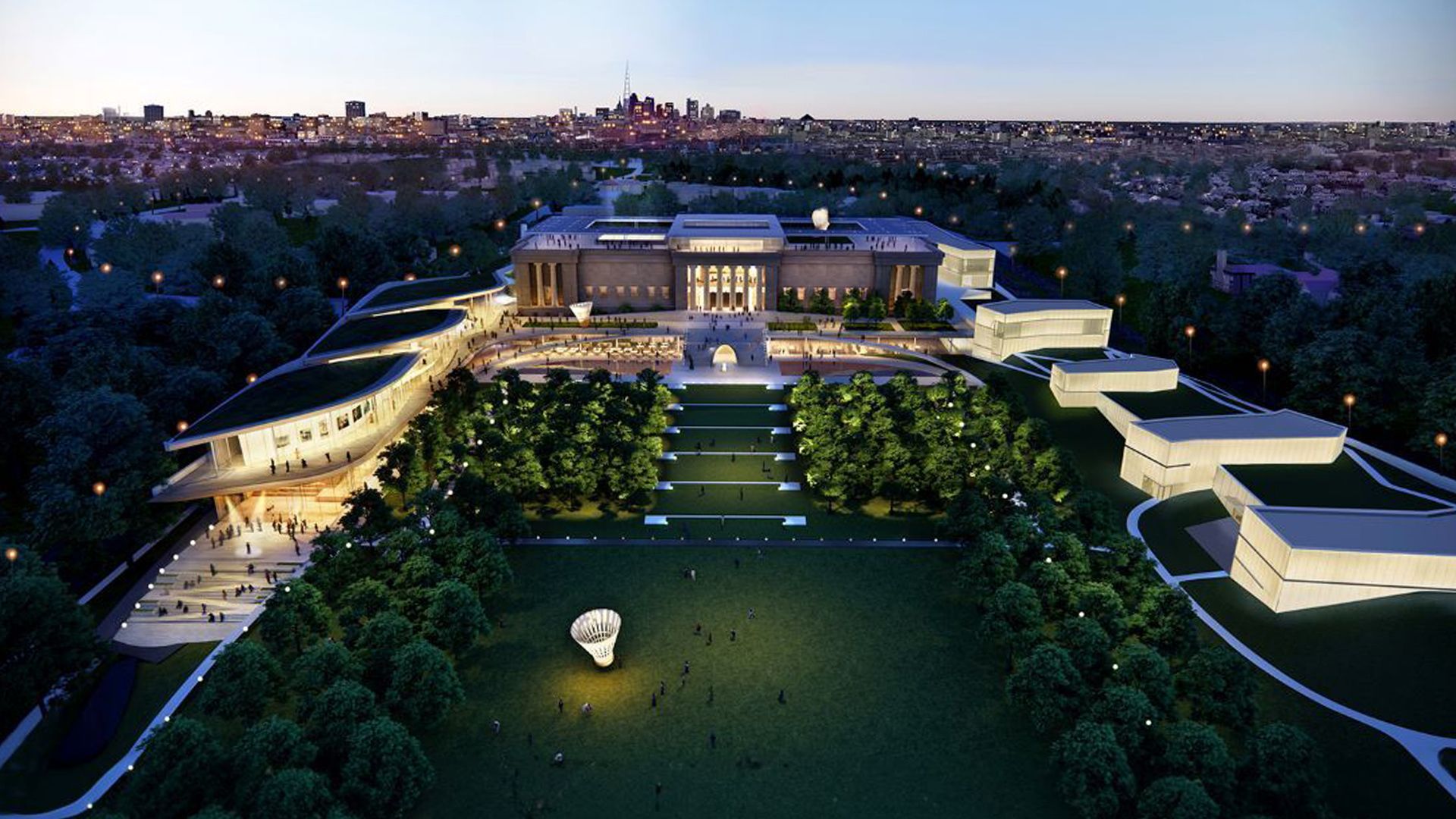 A rendering shows the Nelson-Atkins with the proposed new addition on the east side of the south lawn. 