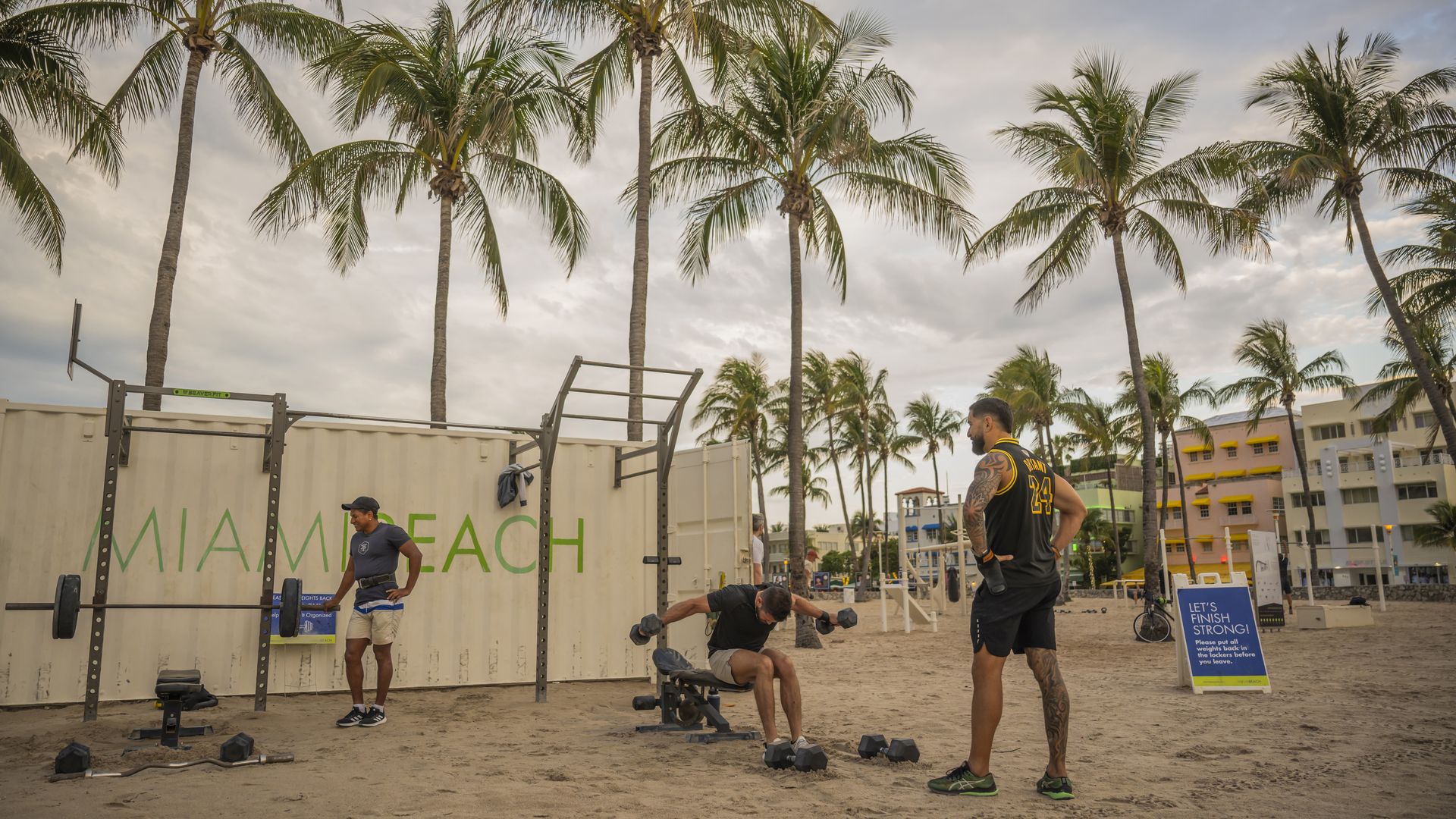 MIAMI, FLORIDA - APRIL 09: Members of the public exercise in the Muscle Beach area of Miami Beach on April 09, 2025 in Miami, Florida. (Photo by Anthony Devlin/Getty Images)
