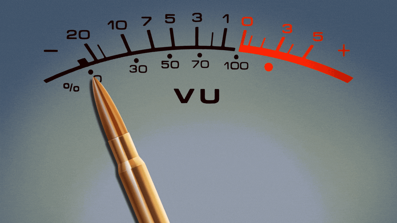 Animated illustration of a bullet as the needle on a decibel meter.
