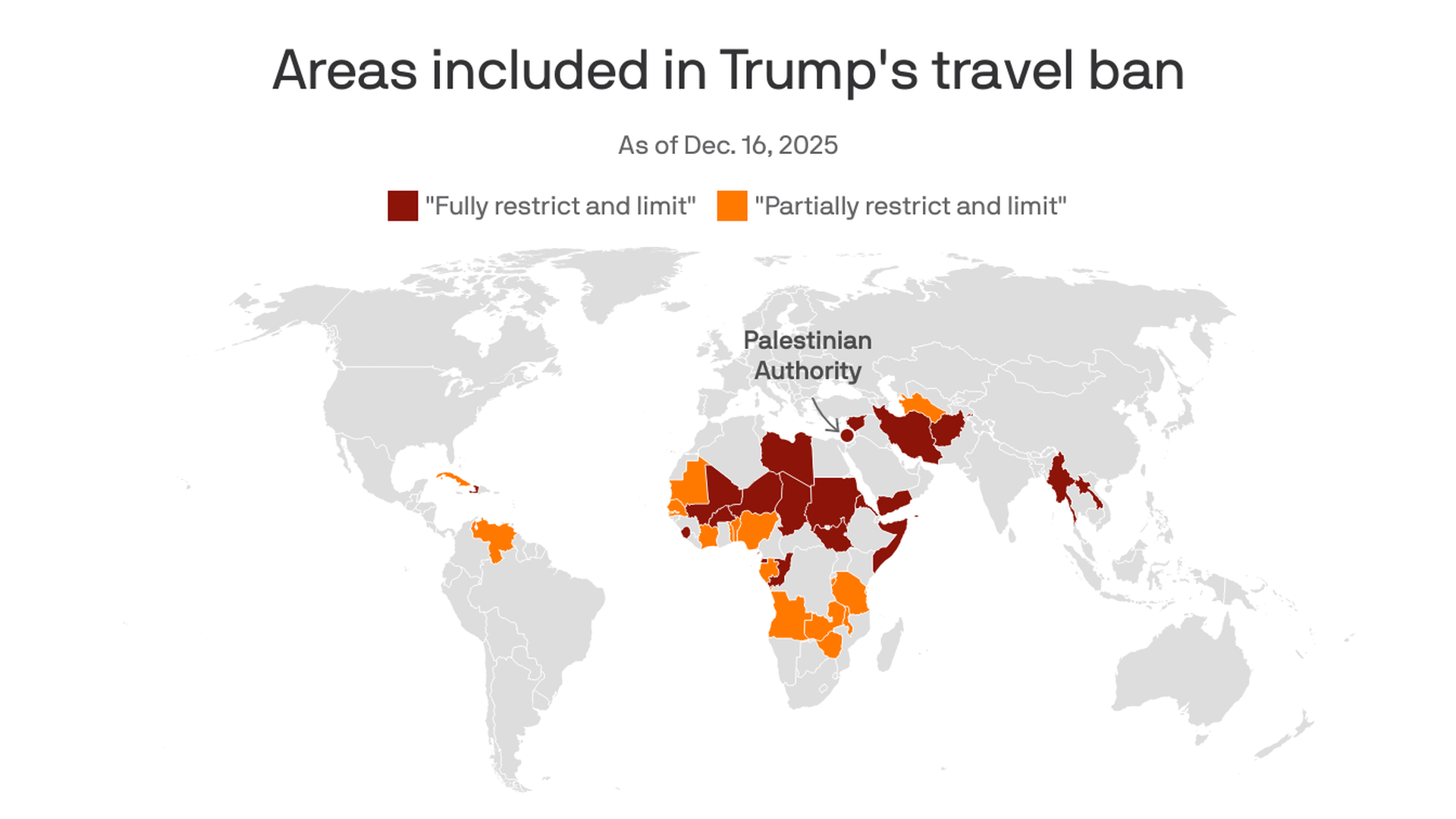 World map highlighting countries affected by the expanded Trump travel ban in 2025