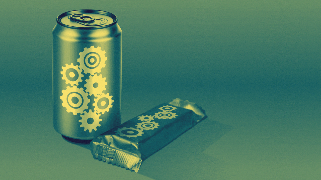 Animated illustration of a drink can and a snack bar with spinning gears on the labels.