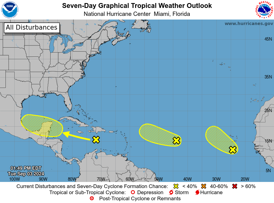 Image shows three possible disturbances in the Atlantic and Caribbean.