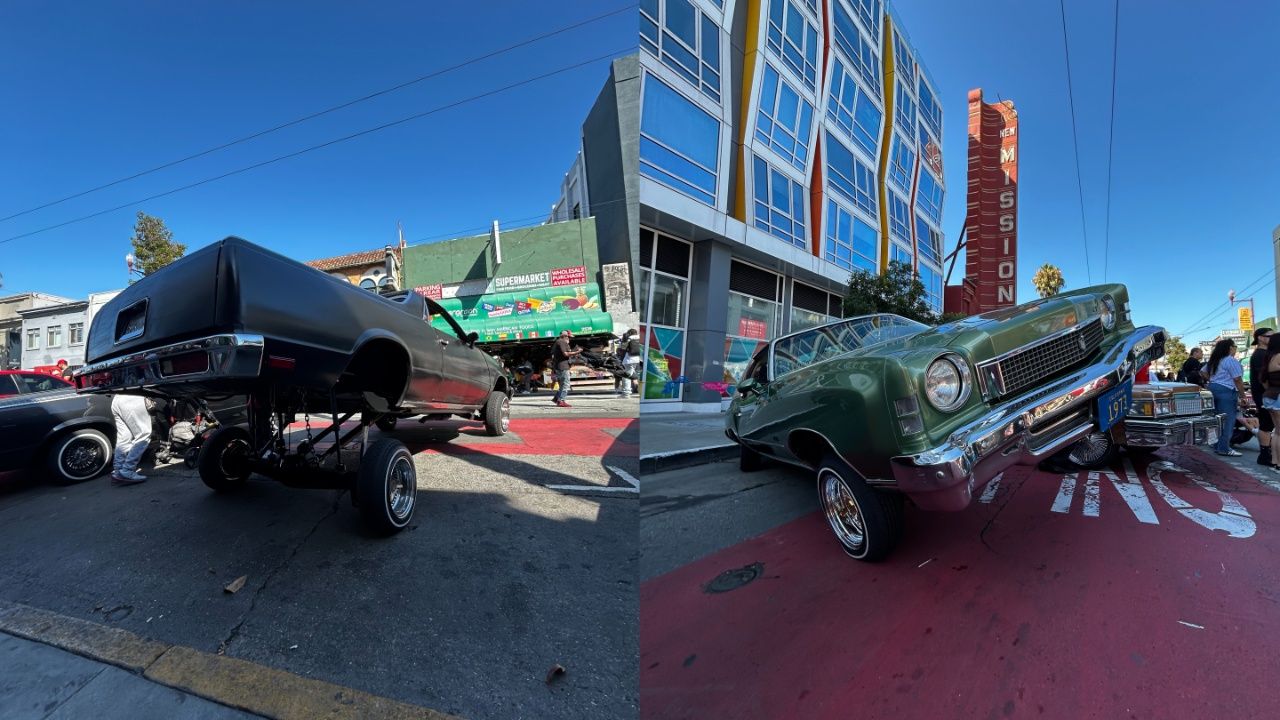 Photos of a black lowrider with its trunk lifted into the air and a green car with its front left wheel suspended in the air