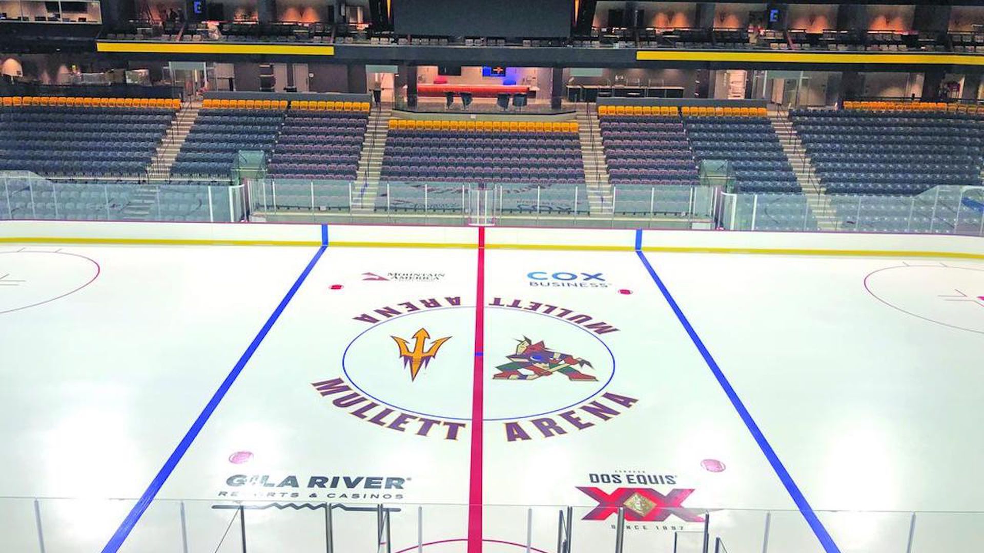 Mullett Arena's split Arizona State/Coyotes logos. 